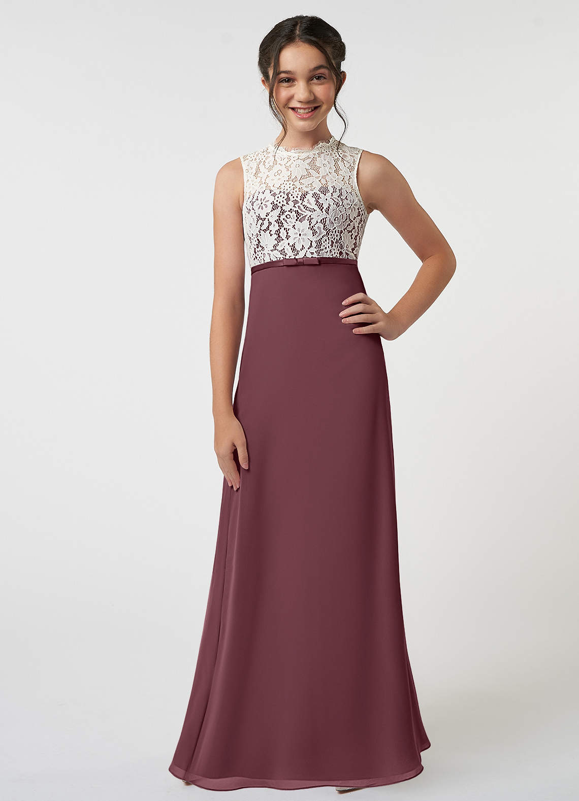 Azazie Rana Junior A-Linie Spitze Chiffon Kleid Sangria image1
