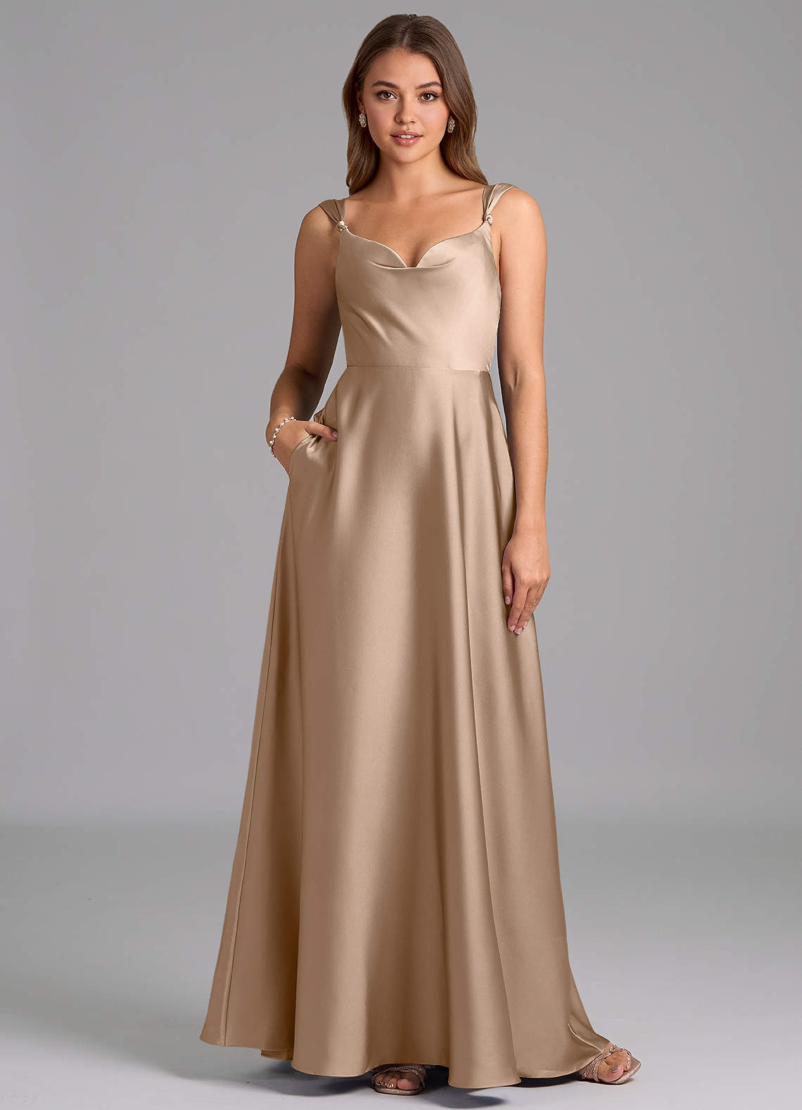 Azazie Beatrice Bridesmaid Dresses Taupe A-Line Sweetheart Neckline Stretch Satin Dress image1