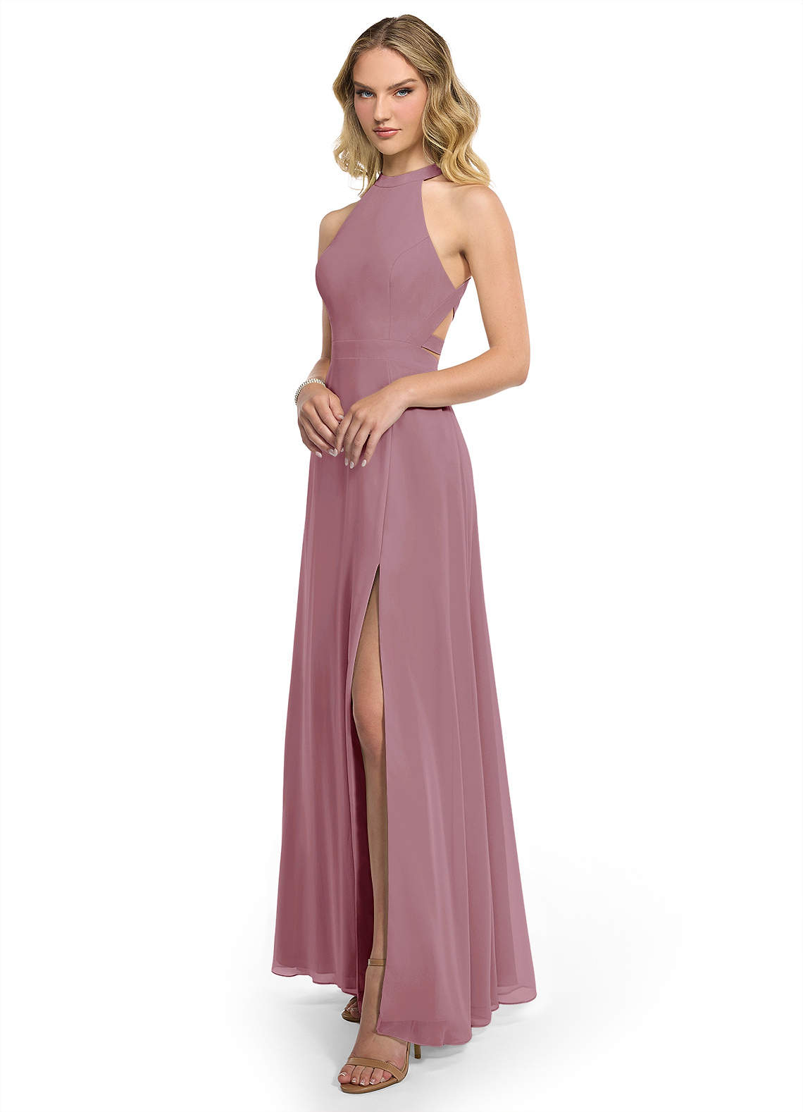 Azazie Plus Size A-Line Halter Neck Floor-Length Chiffon Bridesmaid Dresses - Vintage Mauve