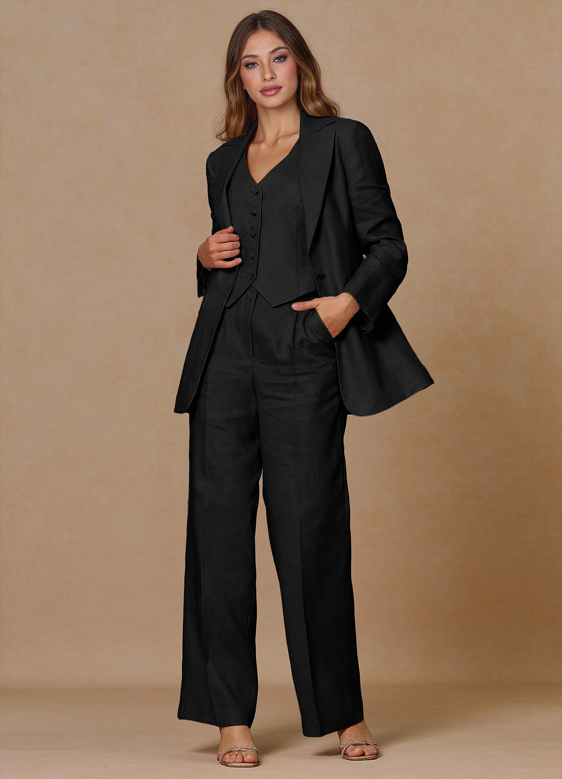 front Belicia Negro Traje de tres piezas 100% lino