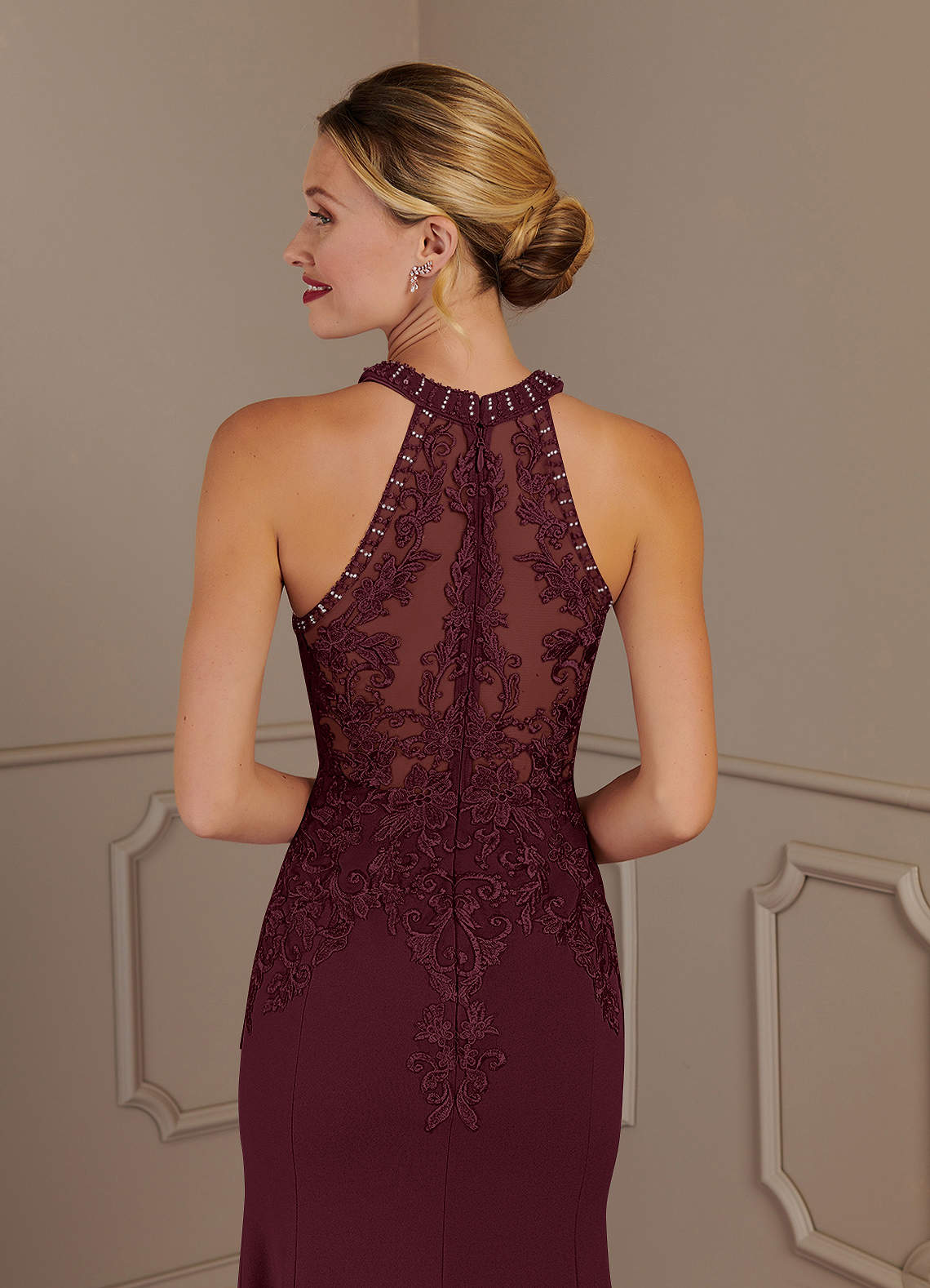 Azazie Tyra Mother of the Bride Dresses Cabernet Mermaid Halter Lace Stretch Crepe Dress image5