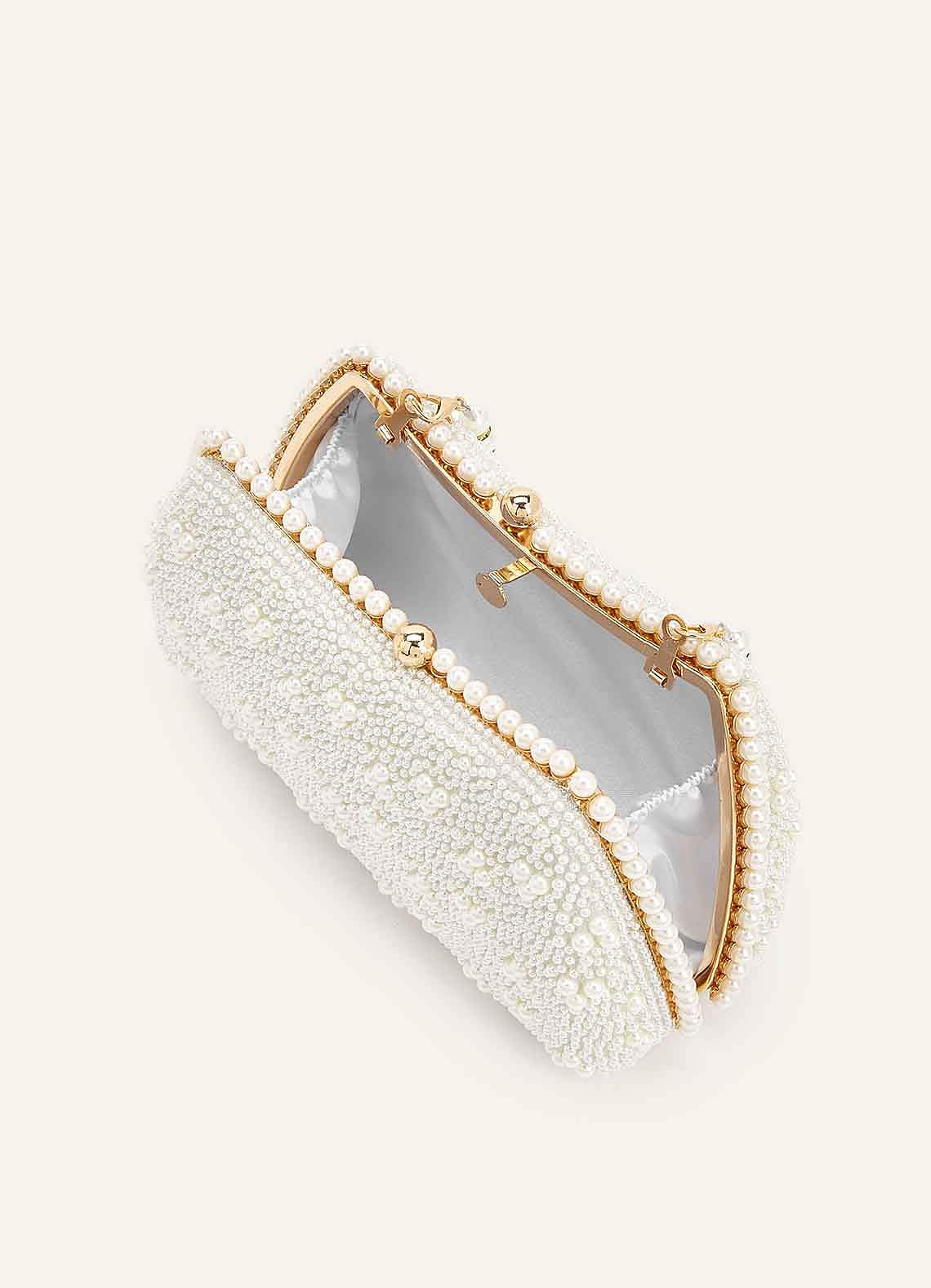 front Matching Color Matte Satin Pearl and Bow Pointed Toe Block Heels & Beaded Clutch Set
