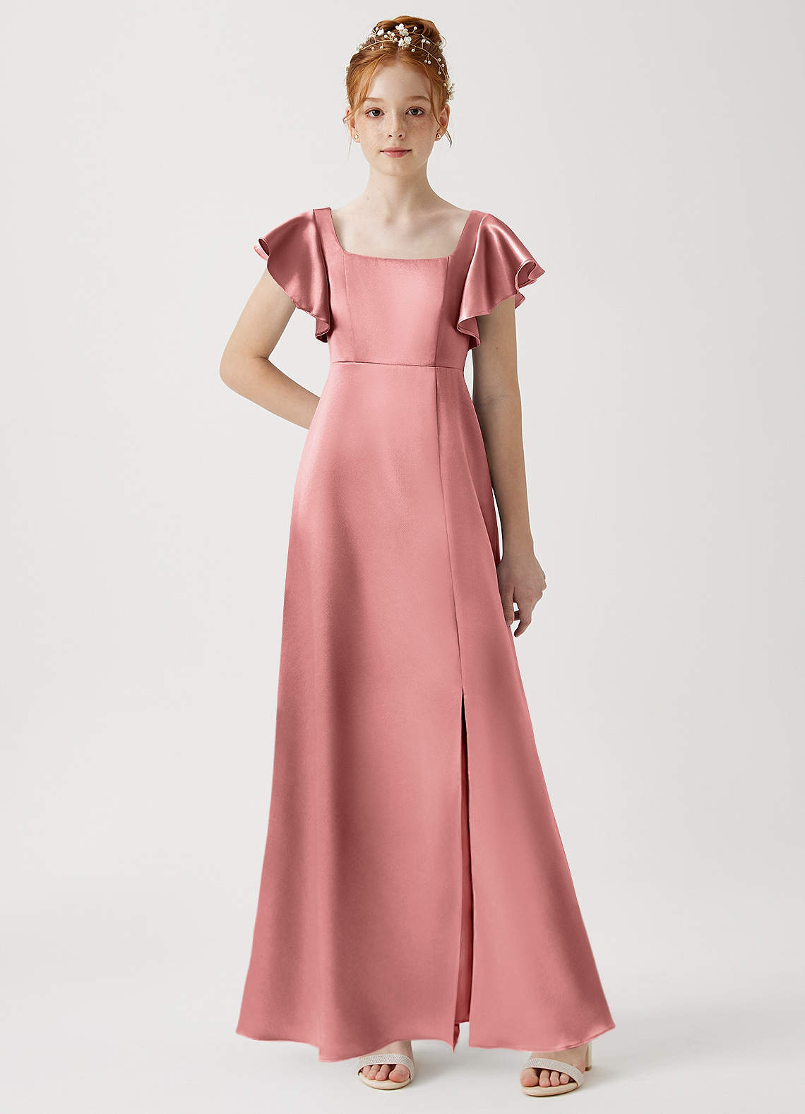 Azazie Bondi Junior Rosette A-Line Side Slit Metallic Satin Dress image1