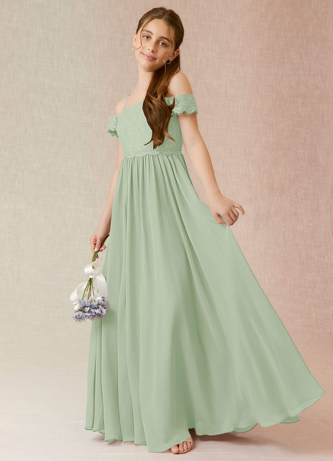 Azazie Vidia A-Line Off the Shoulder Chiffon Floor-Length Junior Bridesmaid Dress image1