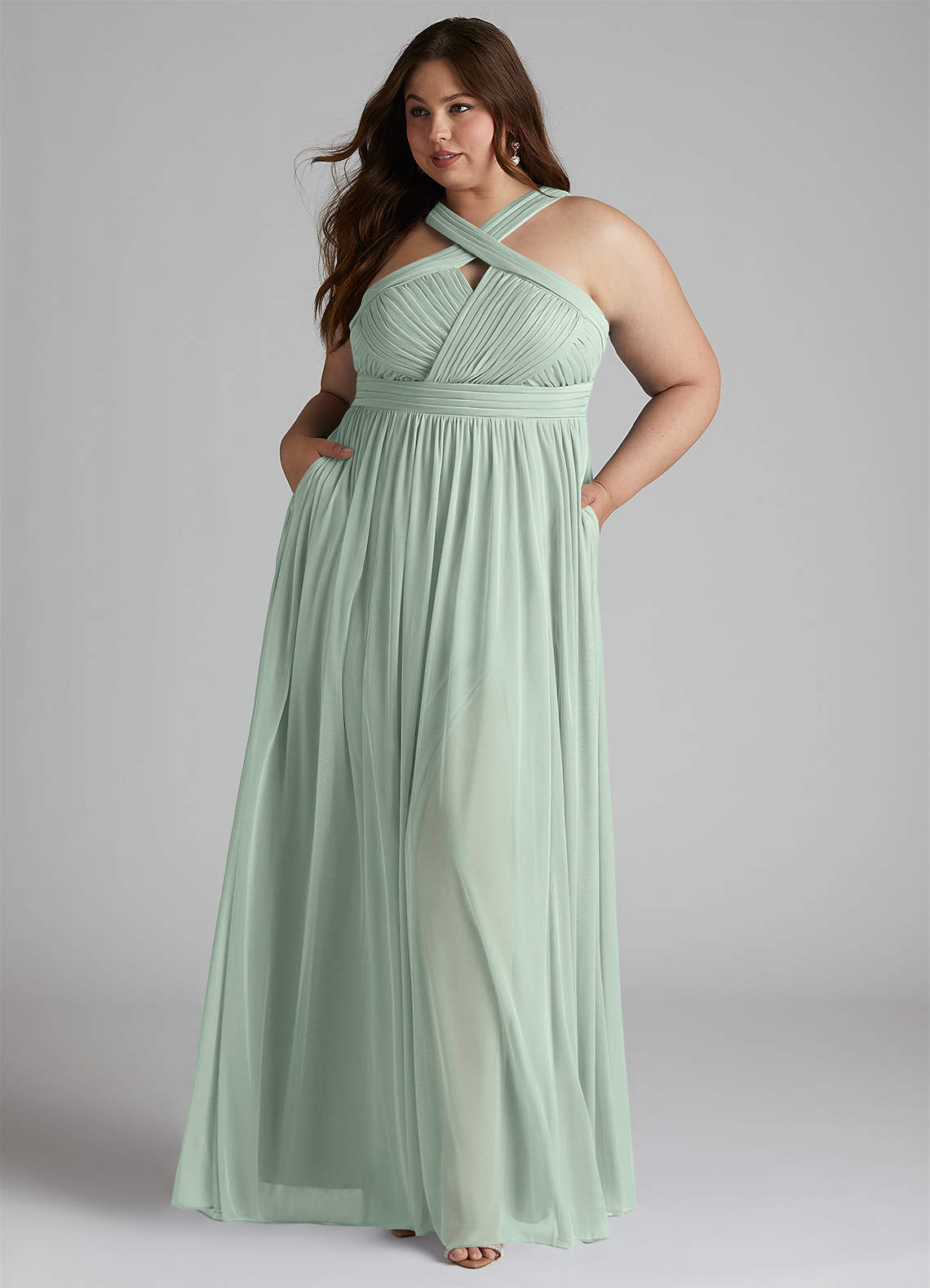 Azazie Hillian Bridesmaid Dresses Agave A-Line Halter Pleated Mesh Dress image1