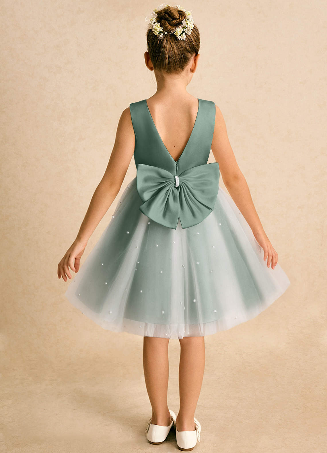 Azazie Esme Flower Girl Dresses Eucalyptus Ball-Gown Bow Tulle Dress image1