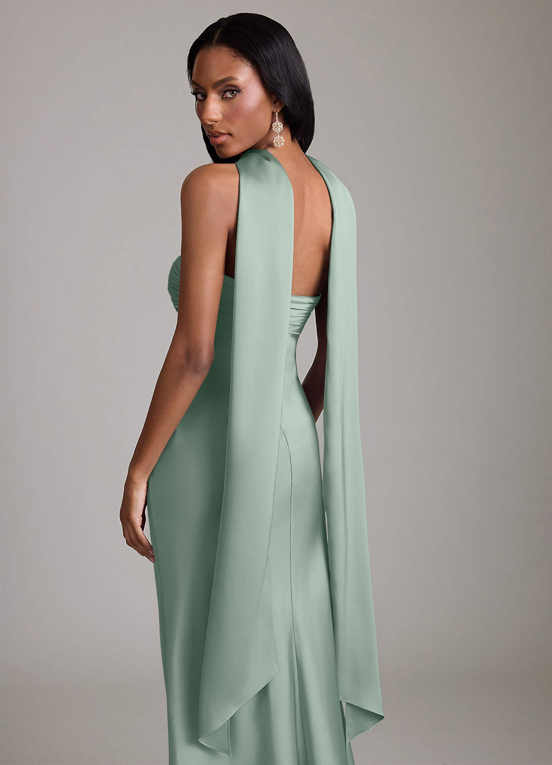 Azazie Saylor At-home Try On Dresses Agave Mermaid Strapless Stretch Satin Dress image6