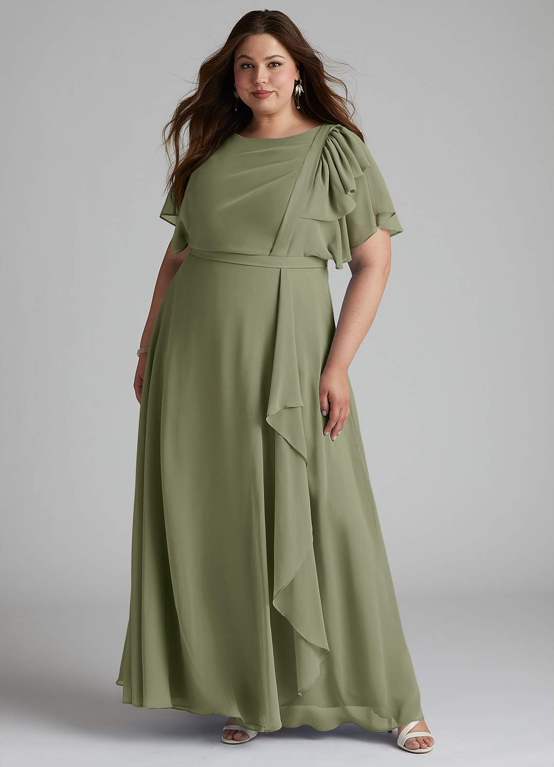Azazie Aaliyah Bescheiden Bruidsmeisjekleding A-Lijn Bocht Gevouwen Chiffon Vloerlengte Jurk image1