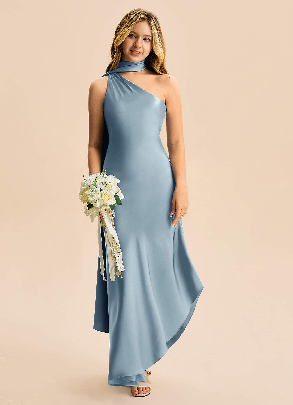 dusty blue formal long dress Azazie Briony Junior slightly flared skirt recommended-product:large-onyx-drop-necklace-black-gold Drape yourself in the Size:US2 - Available