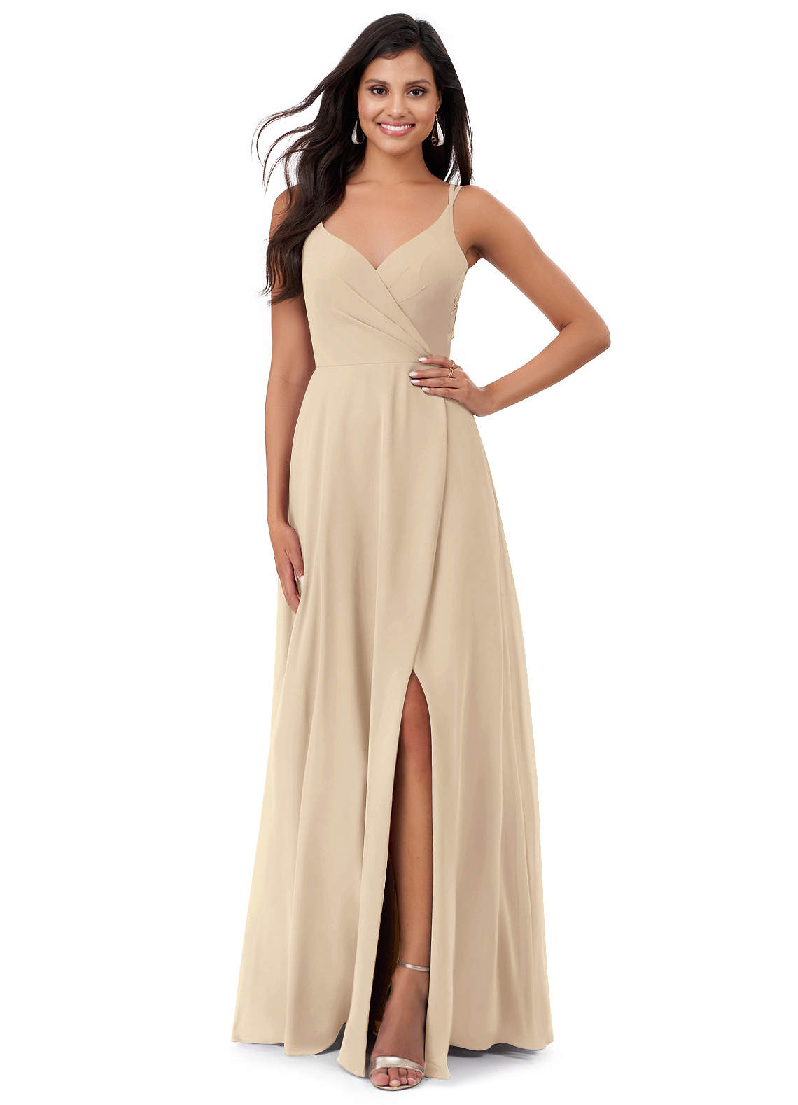 Azazie Lennon Bridesmaid Dresses Champagne A-Line Lace Chiffon Dress image1