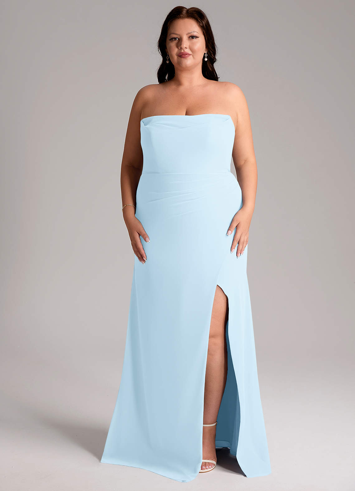 Azazie Leonis At-home Try On Dresses Sky Blue Sheath Strapless Chiffon Convertible Dress image10
