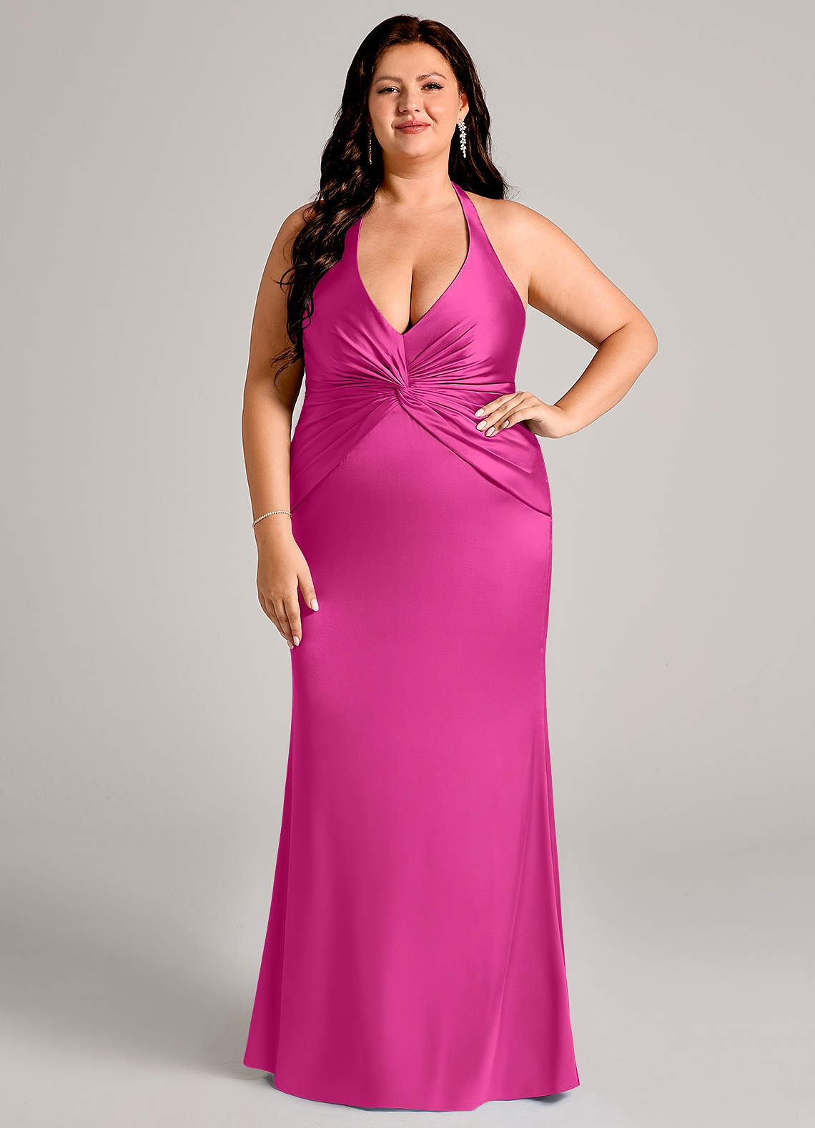 Azazie Valerie Robes de demoiselle d'honneur Robe Sirène en Satin extensible Plissée Fuchsia image1