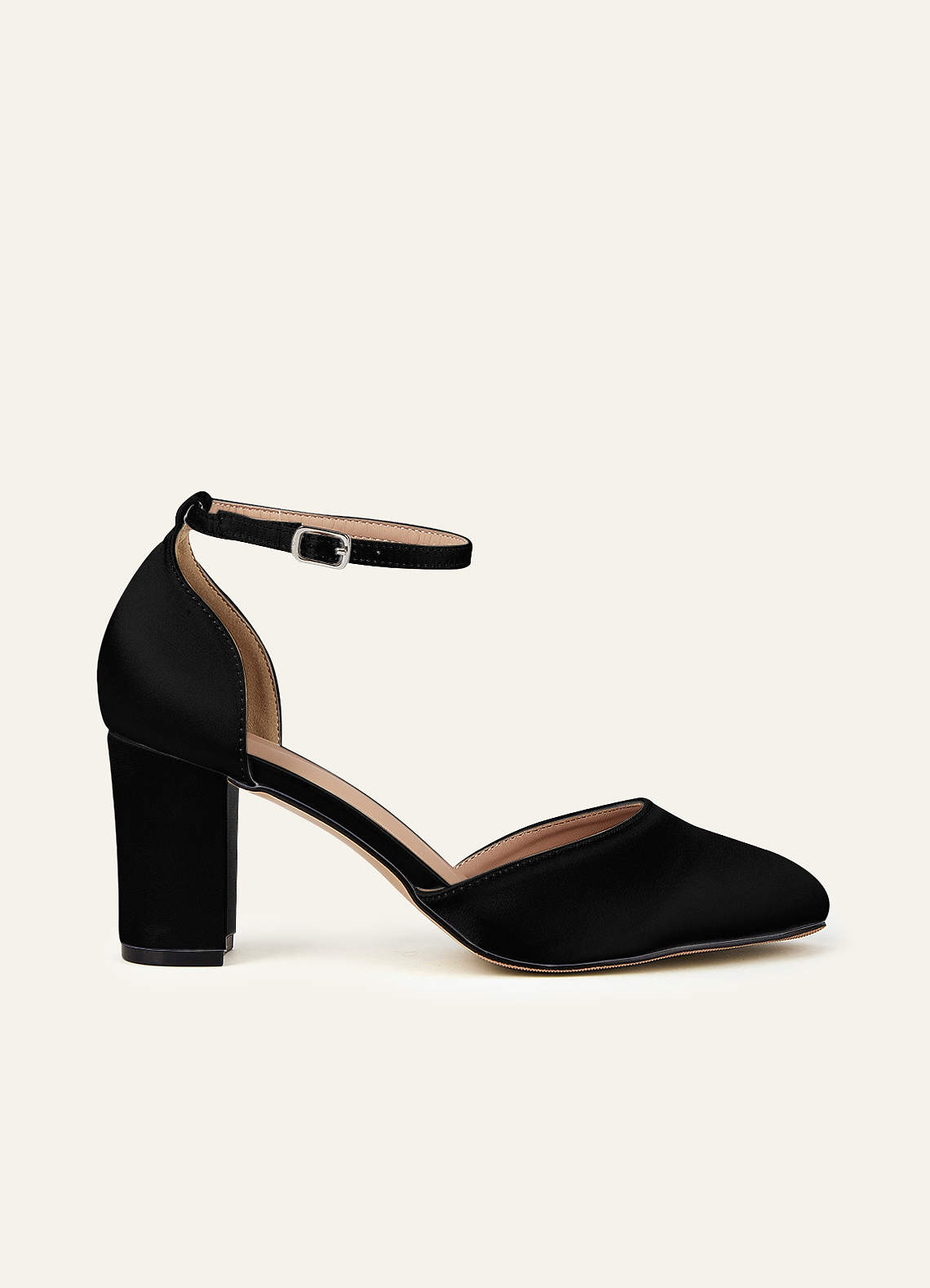 front Satin Ankle Strap Pointed Toe Block Heels