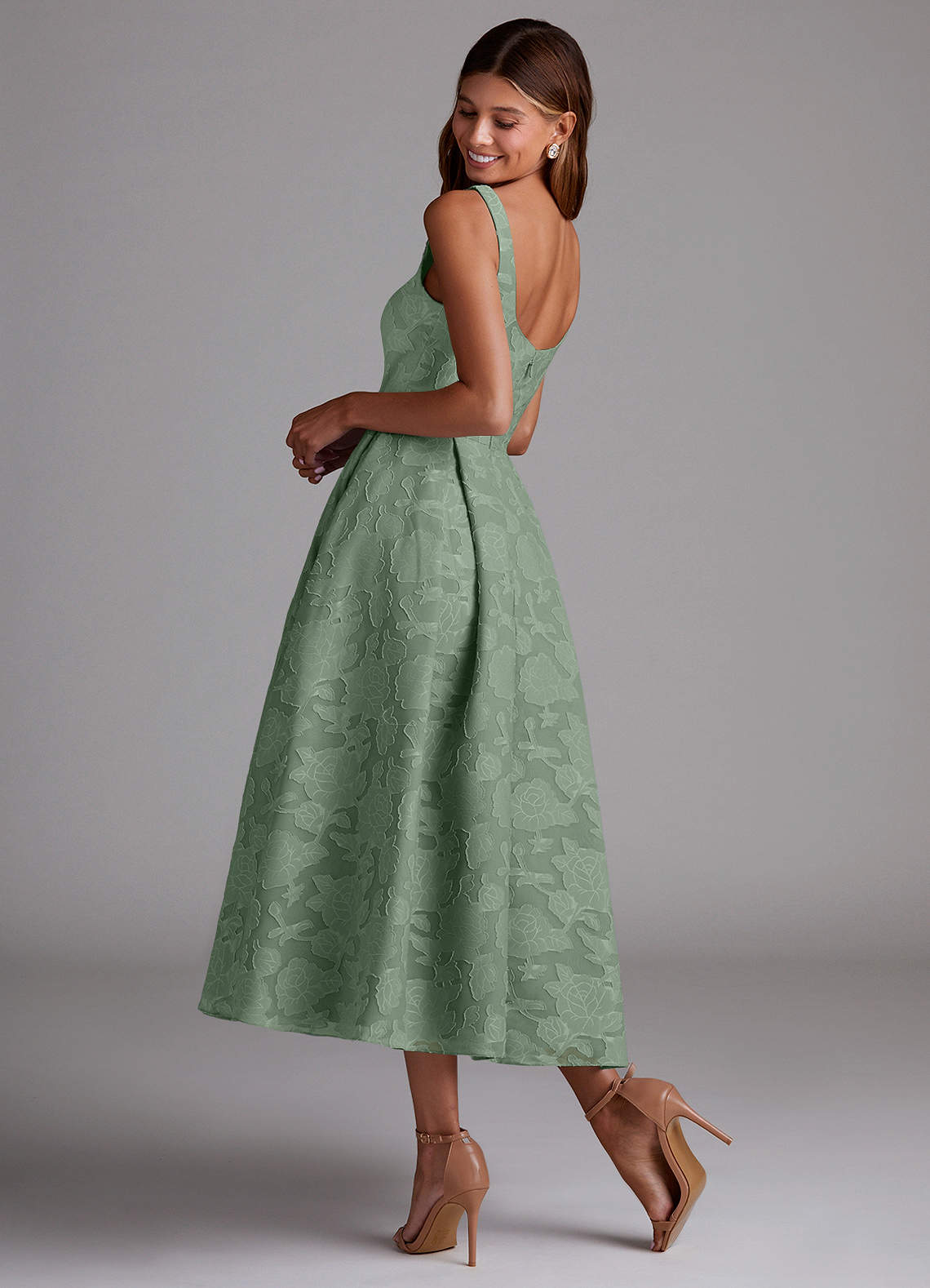 Azazie Amalie Bridesmaid Dresses Matcha A-Line Pleated Floral Burnout Dress image1