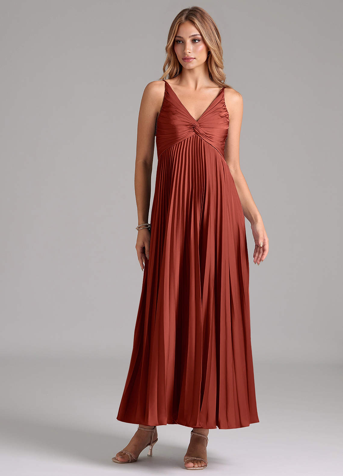 Azazie Raychelle Bridesmaid Dresses Terracotta A-Line Pleated Stretch Satin Dress image1