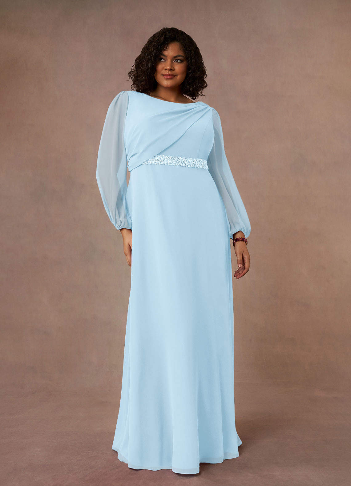 Azazie Priyanka Moeder van de bruid jurken A-Lijn Jurk van Chiffon Boothals Gevouwen Hemelsblauw image1