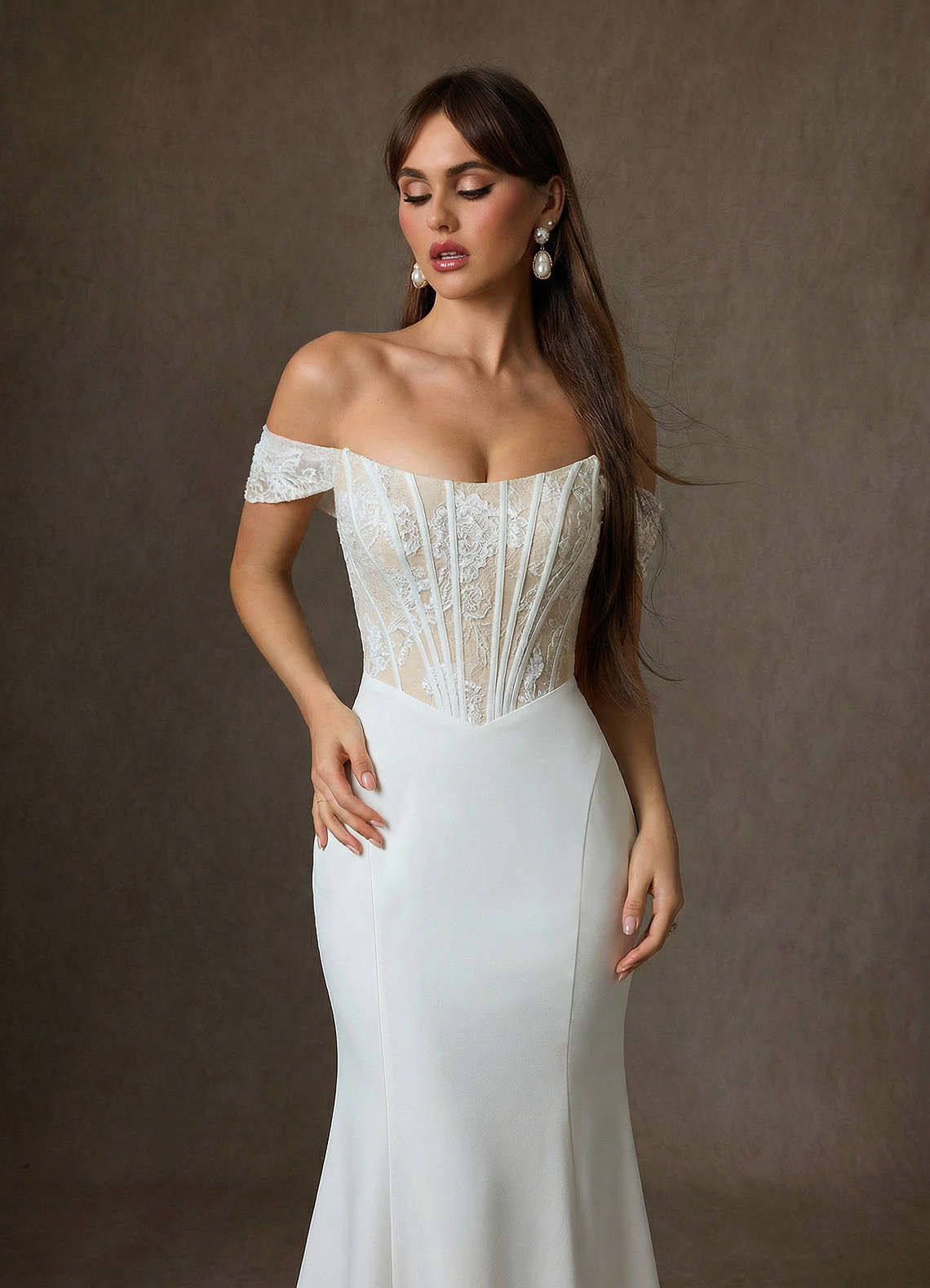 Azazie Yamelle At-home Try On Dresses Diamond White Champagne Mermaid Off the Shoulder Satin Dress image4