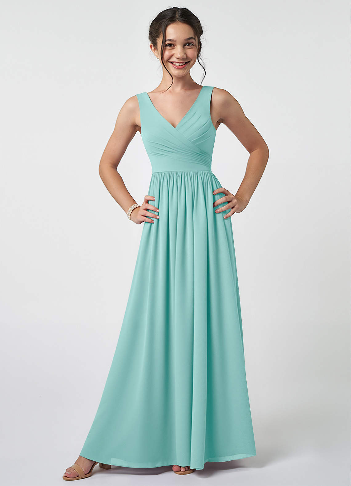 Azazie Keyla Junior A-Linie Plissee Chiffon Kleid Aqua image1
