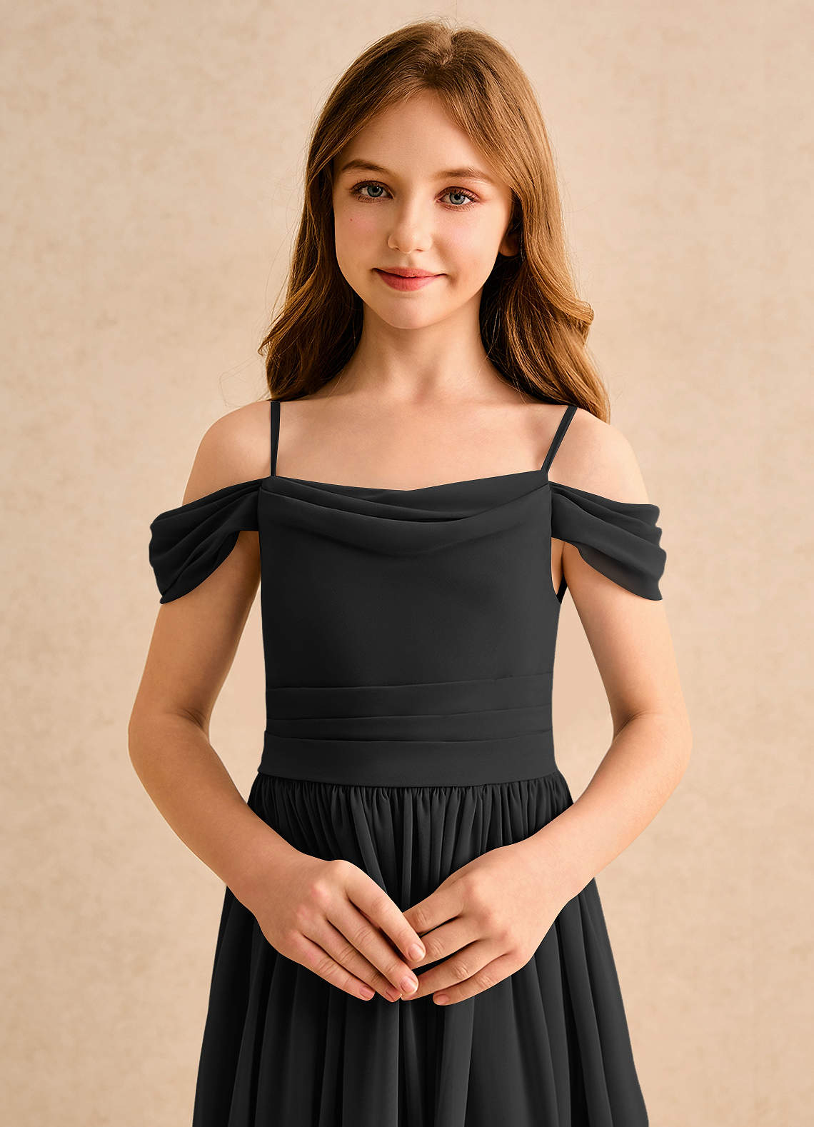 Azazie Shia Girls Formal Flower Girl Dresses Black A-Line Off the Shoulder Chiffon Dress image5