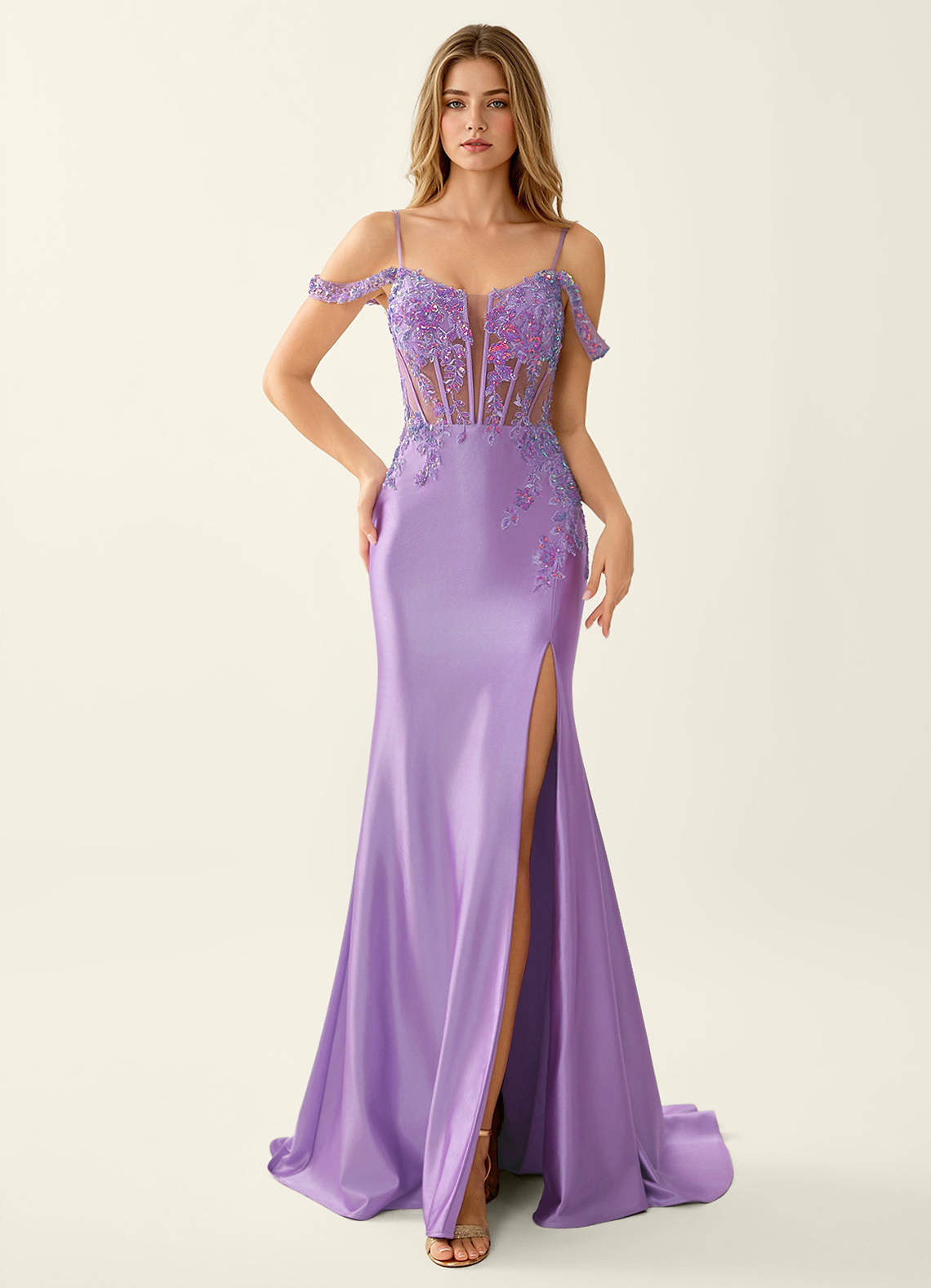 Roxane Purple Lace Corset Lace Up Back Mermaid High Slit Prom Dress | Azazie