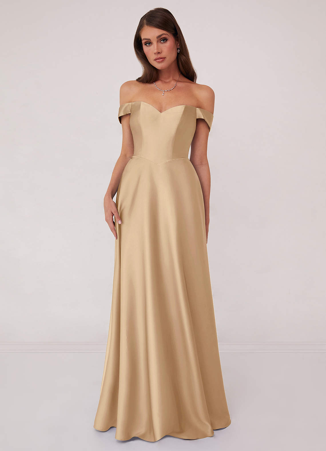 Barbie ♥ Azazie Bridesmaid Dresses Champagne A-Line Off the Shoulder Stretch Satin Convertible Dress image1