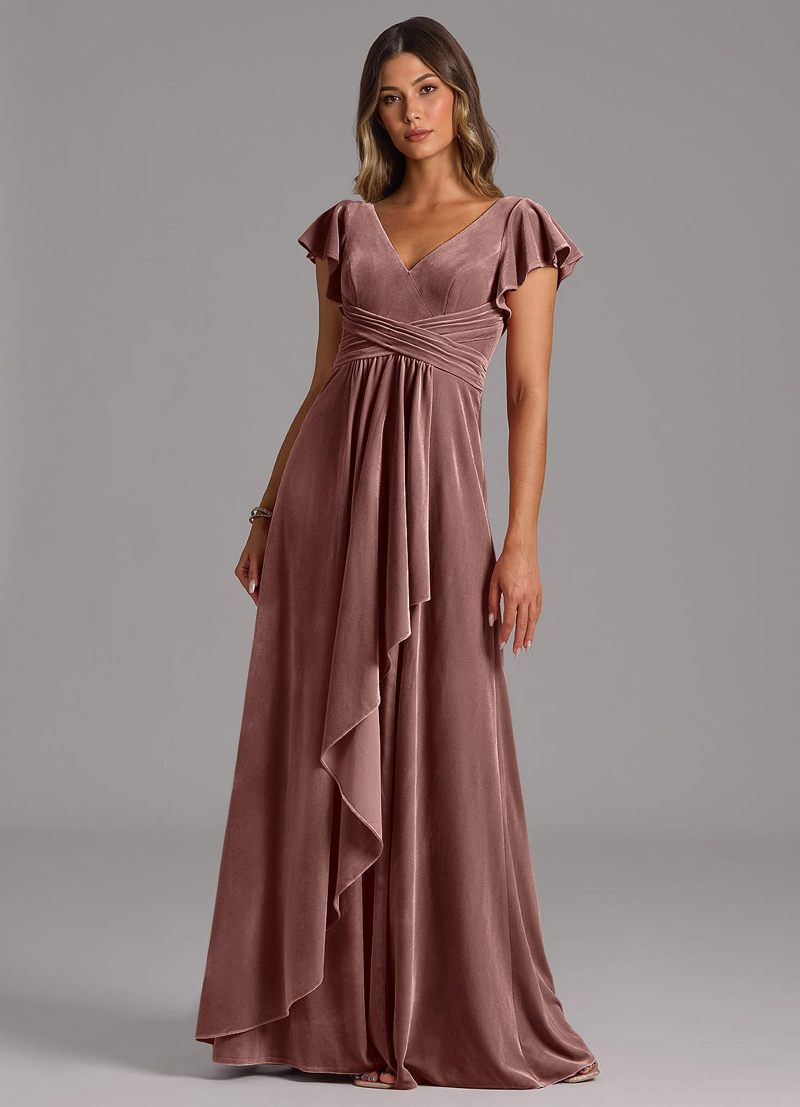 Azazie Omari Bridesmaid Dresses Espresso A-Line Pleated Velvet Dress image1