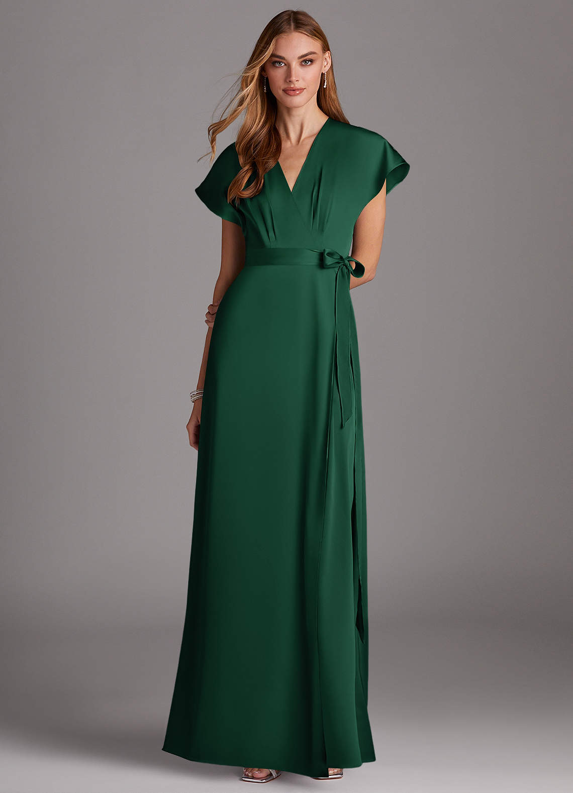 Azazie Nico Bridesmaid Dresses Dark Green A-Line V-Neck Stretch Satin Dress image1