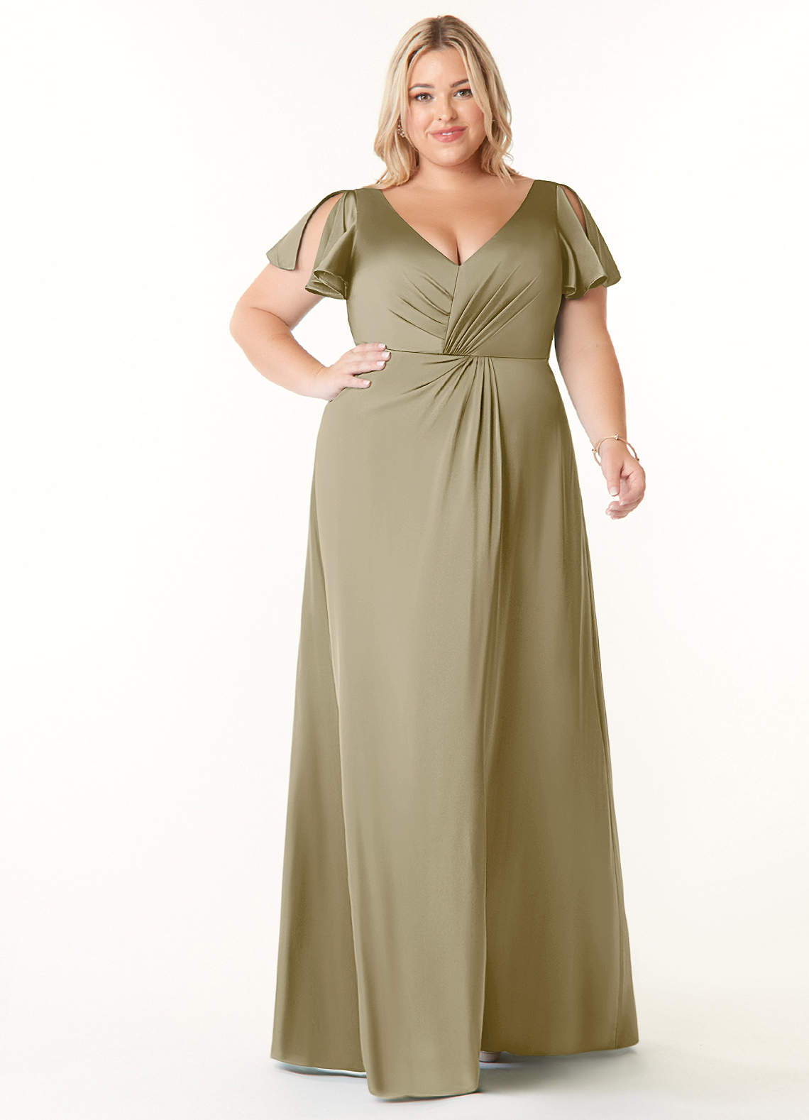 Azazie Soren Bridesmaid Dresses Moss Green A-Line Pleated Stretch Satin Dress image1