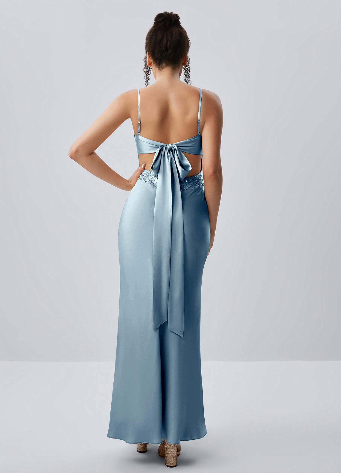 Paloma Dusty Blue Satin Beading Back Bow Summer Maxi Dress