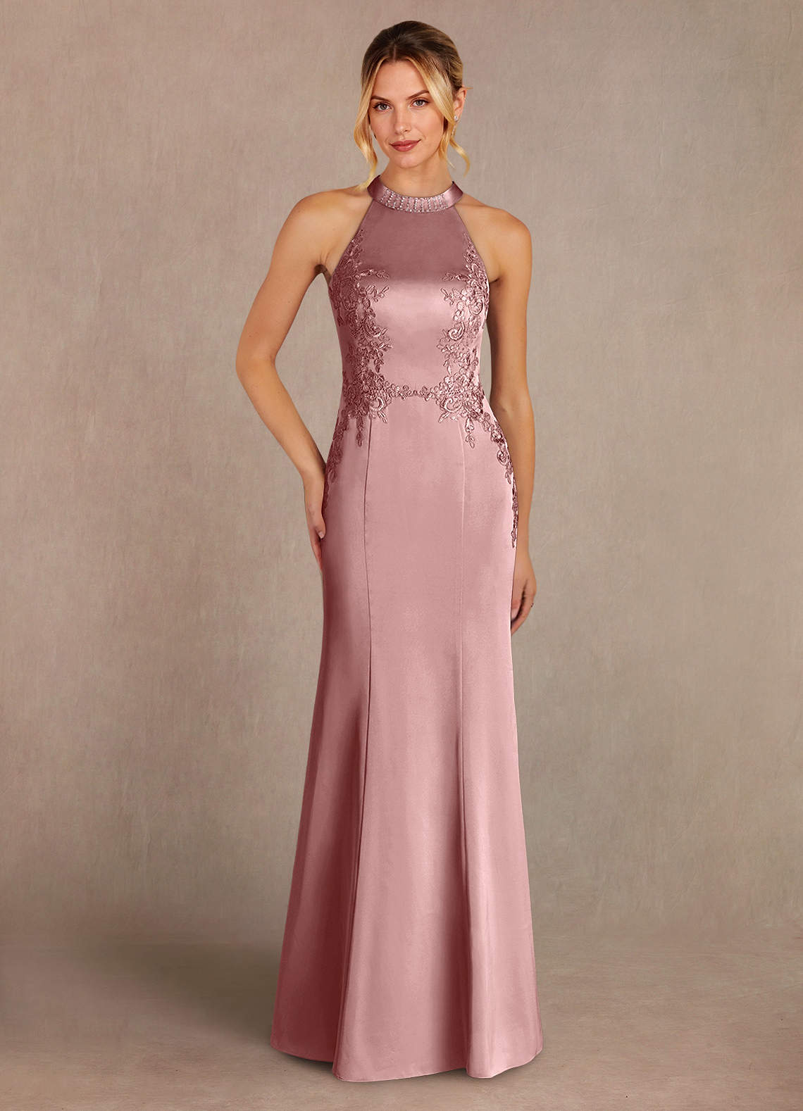 Azazie Tyra Mère de la mariée Robes Robe Sirène en Satin extensible Dentelle Rose Poussiéreuse image1