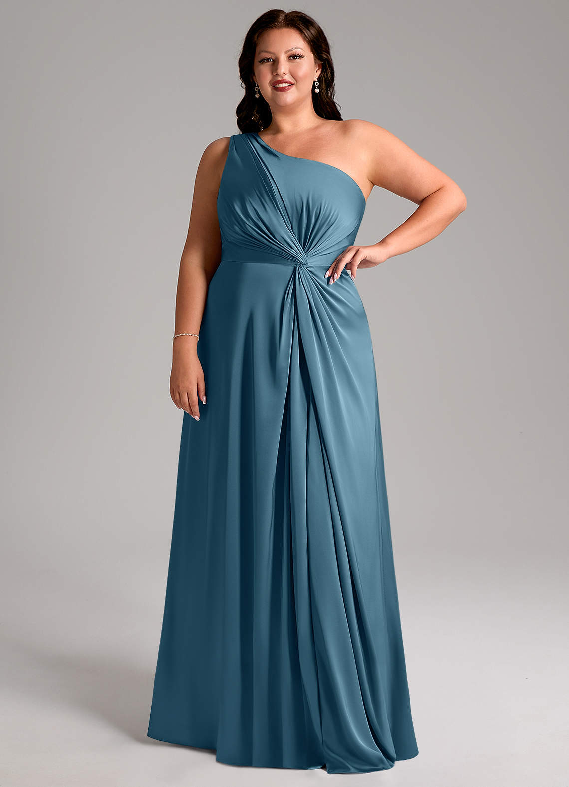 Azazie Brooke Bridesmaid Dresses Bermuda A-Line One Shoulder Stretch Satin Dress image11