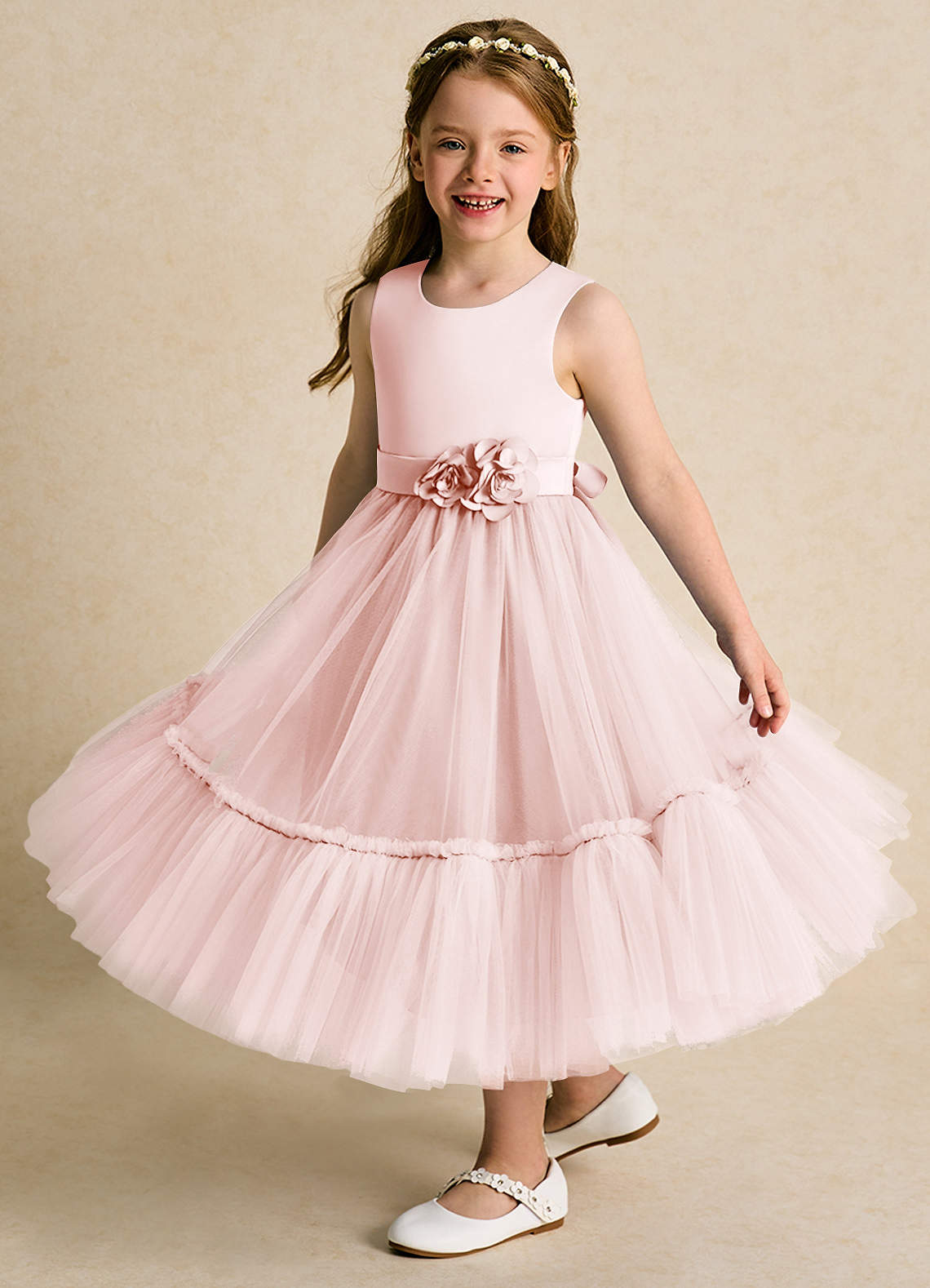 Azazie Miracle Flower Girl Dresses Blushing Pink A-Line Bow Matte Satin Dress image3