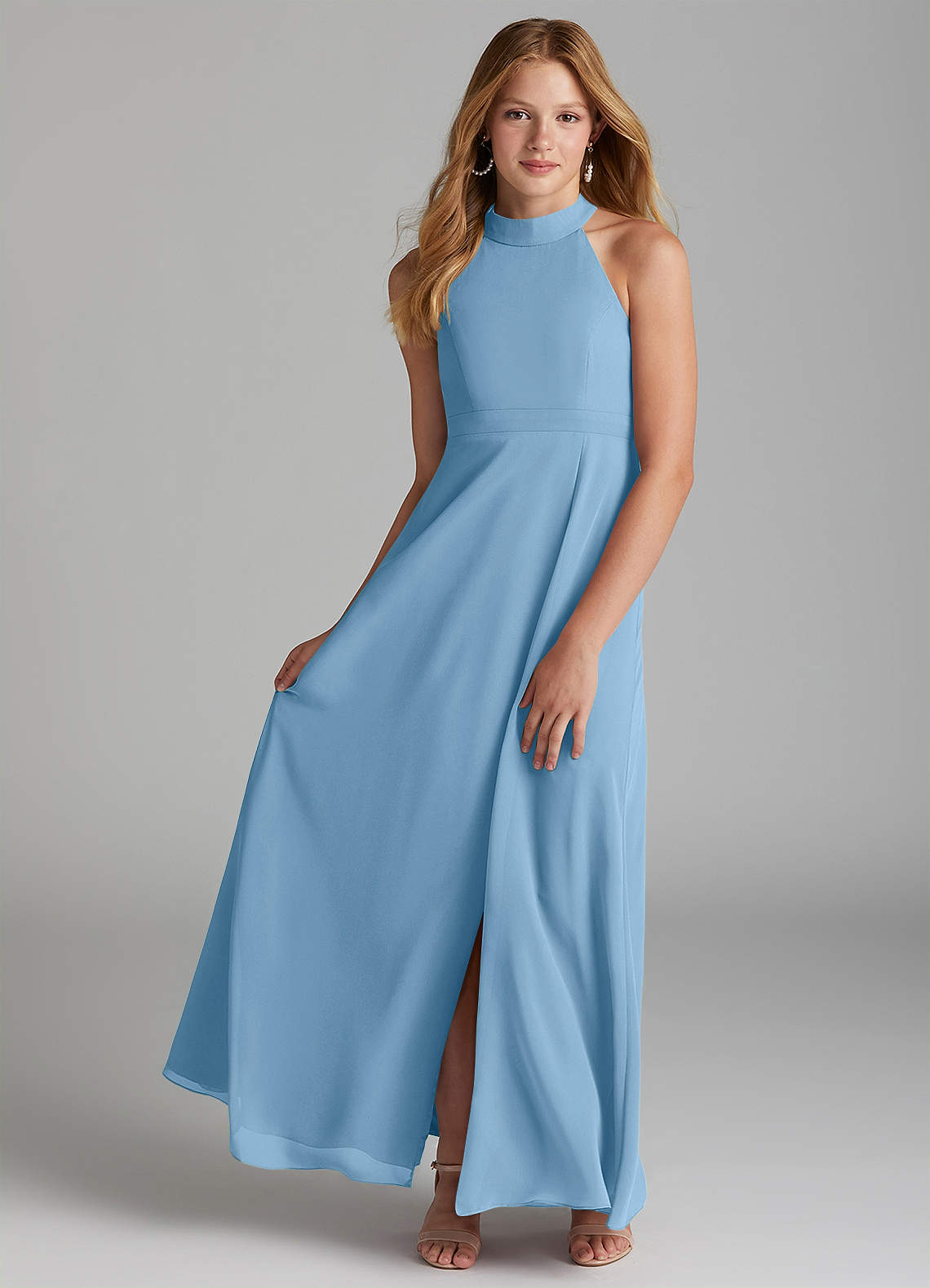 Azazie Clarice Junior Jurk van Chiffon met A-Lijn Zijsplit Staal Blauw image1