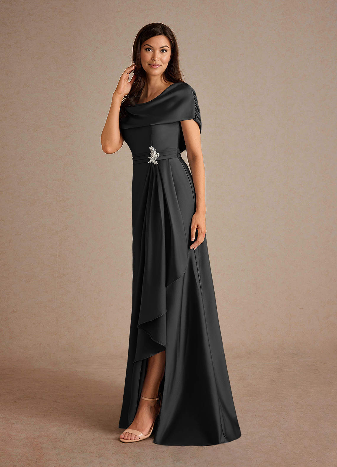 Azazie Branford Mother of the Bride Dresses Black A-Line Pleated Stretch Satin Dress image1