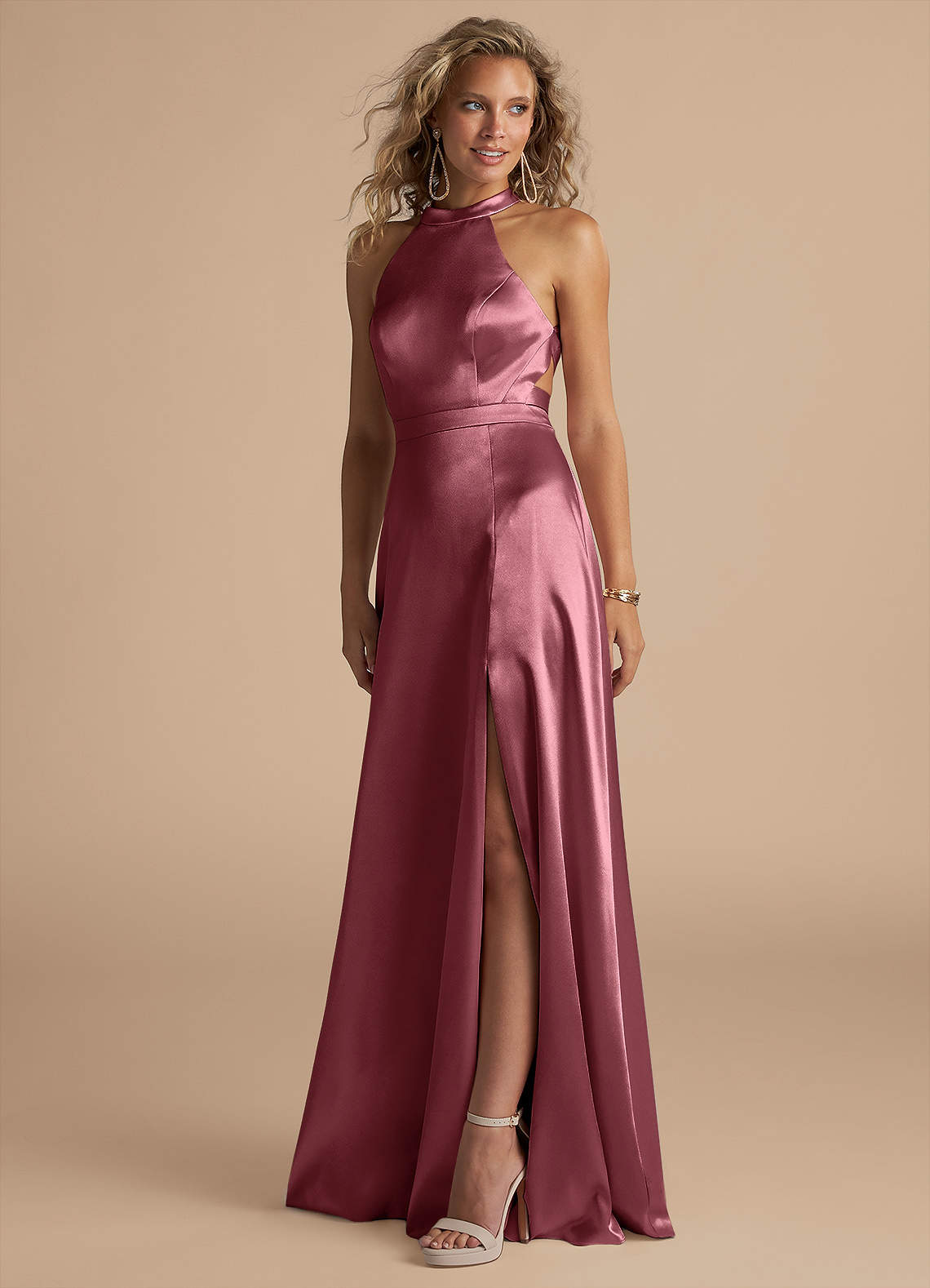 Azazie Clarice Brautjungfernkleider A-Linie Hoher Kragen Metallischer Satin Kleid Wüstenrose image1