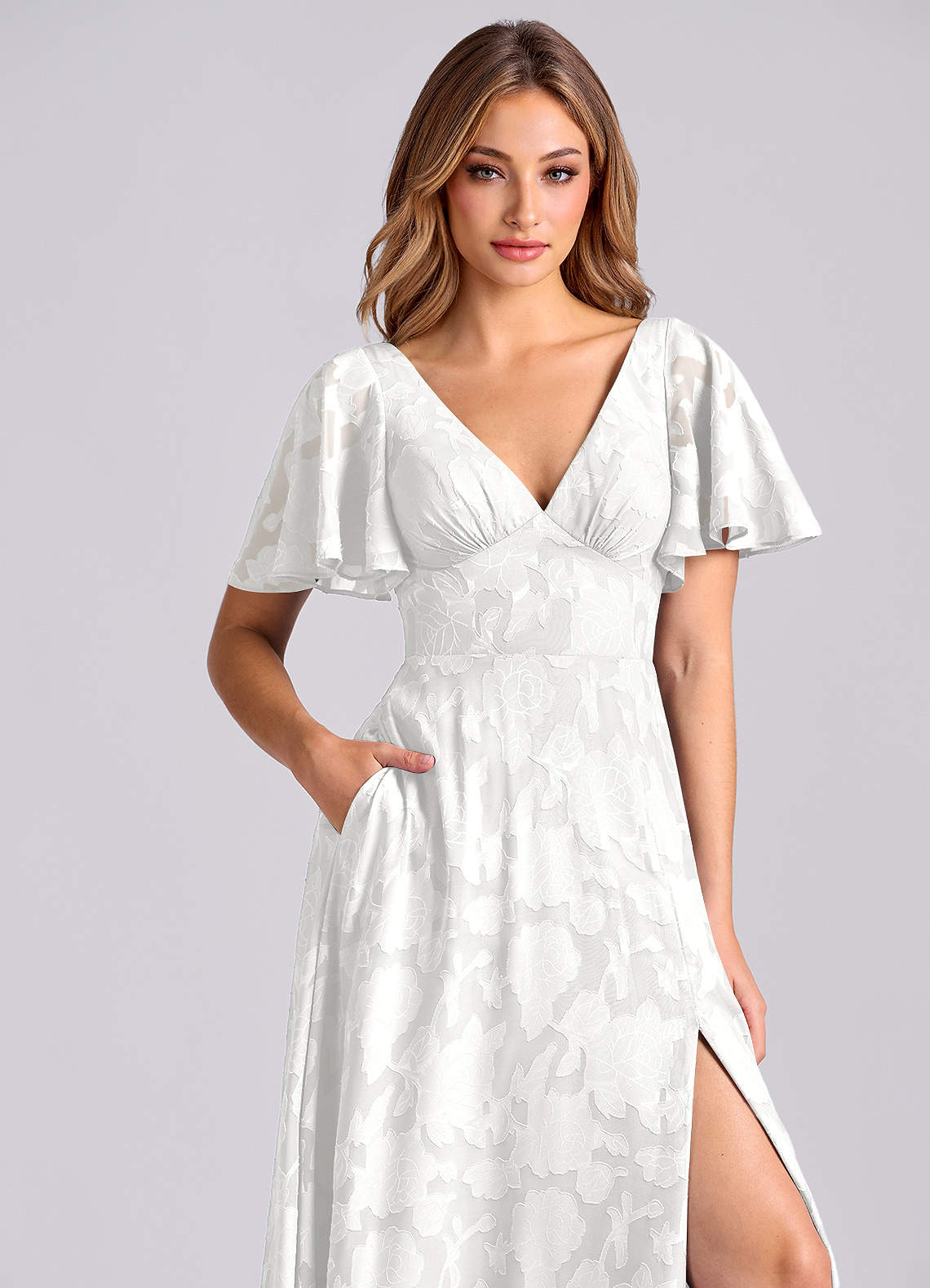 Azazie Kimber Bridesmaid Dresses White A-Line with Pockets Floral Burnout Dress image8