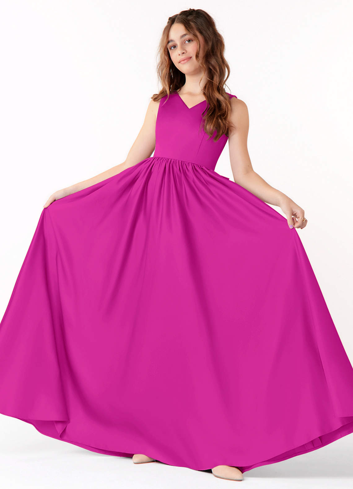 Azazie Hathaway Junior Vestido de Fucsia de Satin Mate de Corte En A con Lazo image1