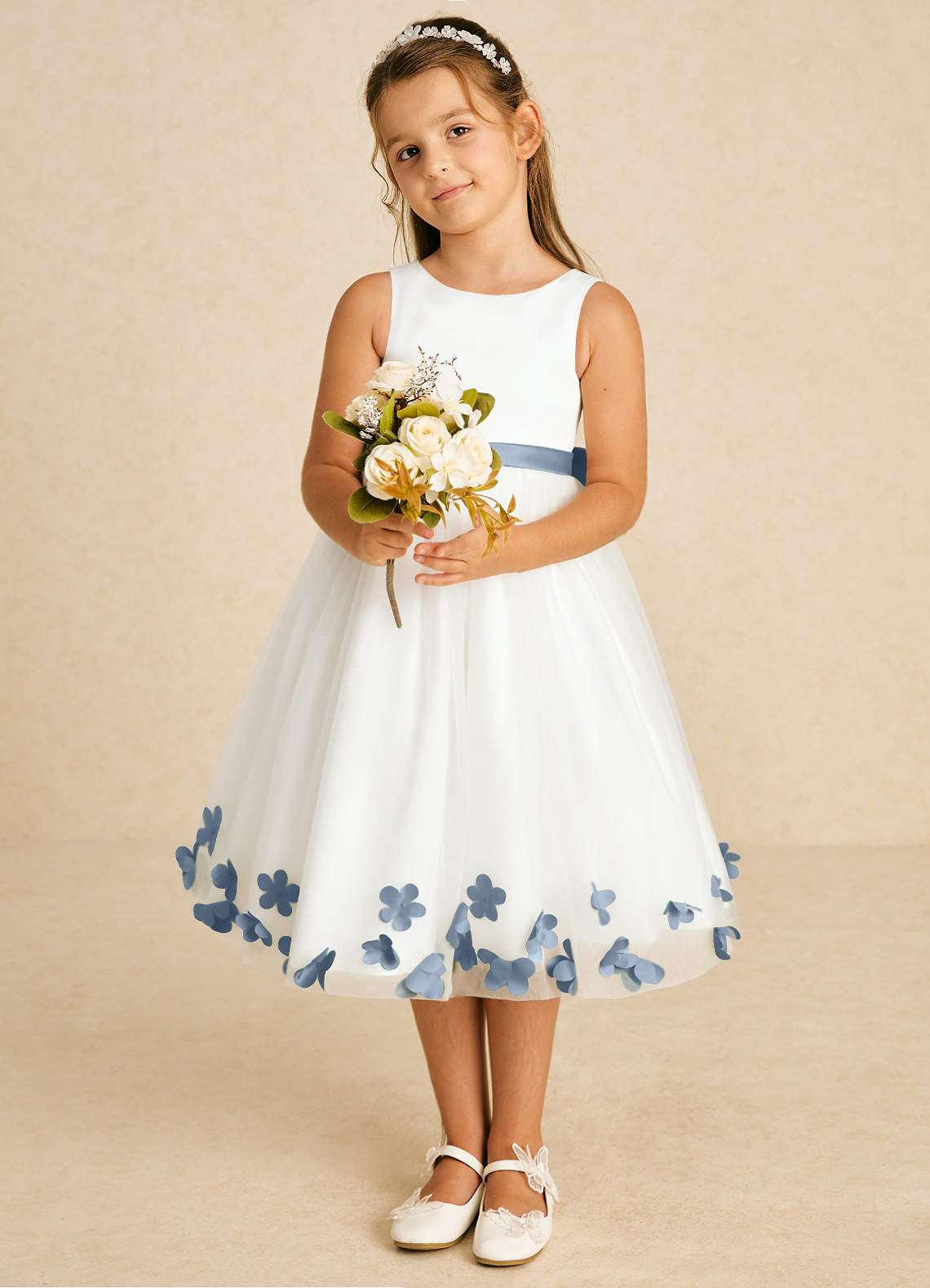 Azazie Dot Blumenmädchenkleider A-Linie Schleifen Tüll Kleid Elfenbein Taubenblau image1