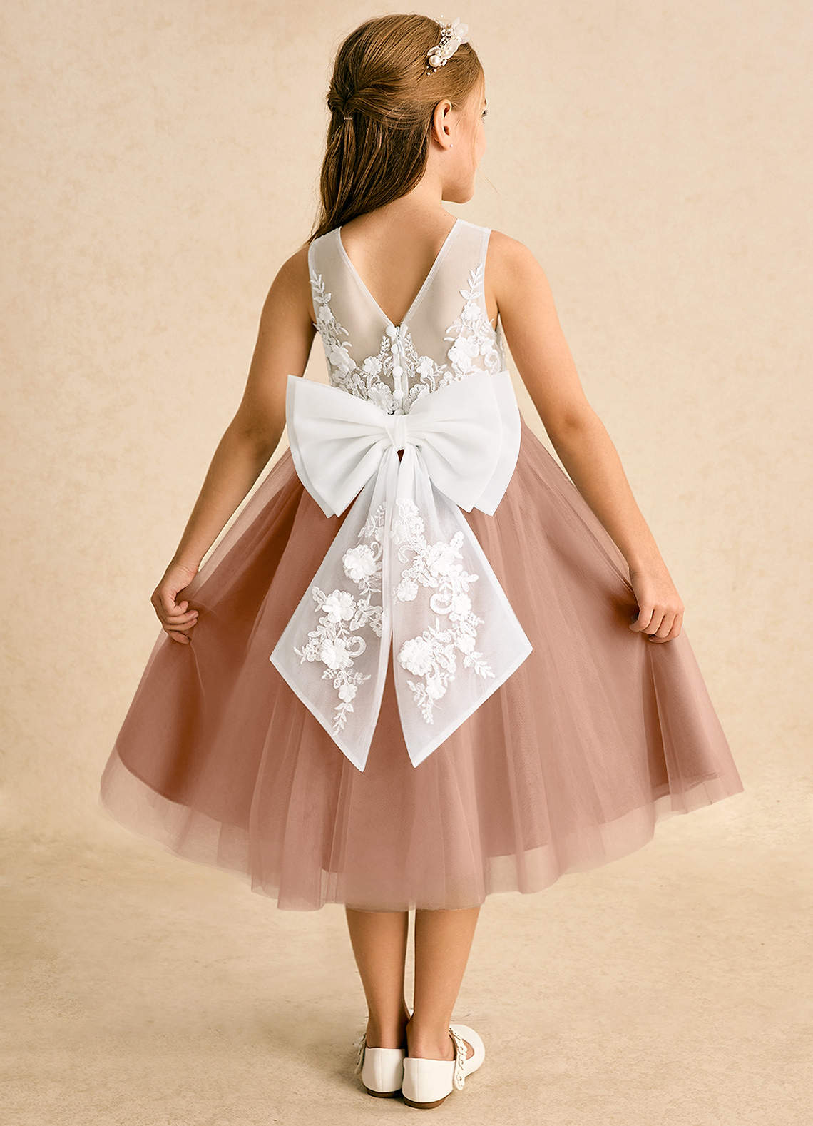 Azazie Lina Flower Girl Dresses Ivory Champagne Rose Ball-Gown Lace Dress image1