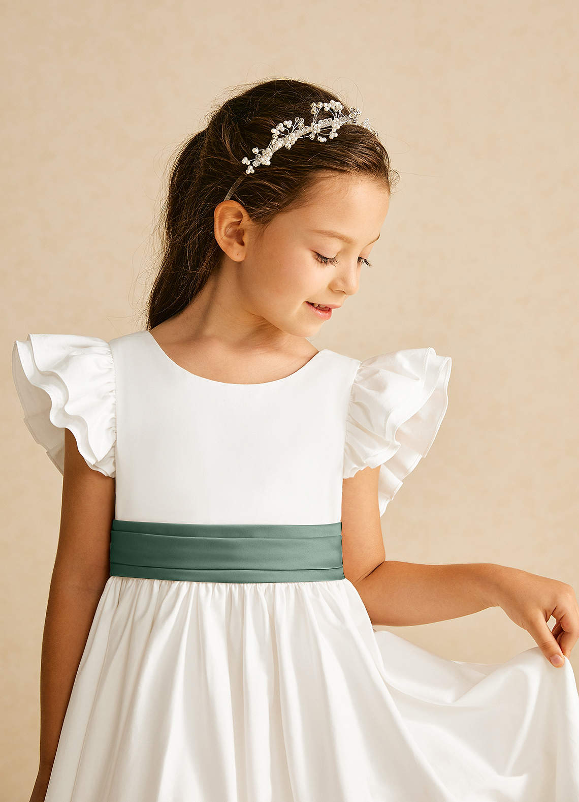 Azazie Aero Flower Girl Dresses Ivory Eucalyptus A-Line Pleated Cotton Dress image2