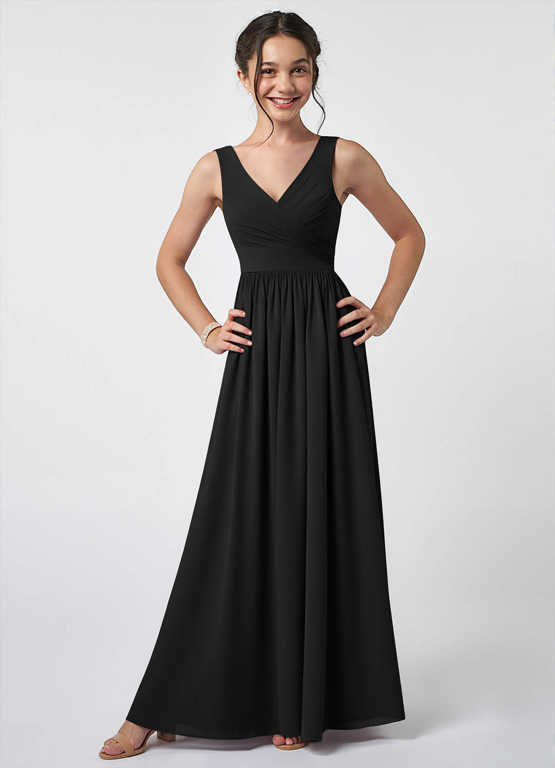 Azazie Keyla Junior Abito A-Line in Chiffon Plissettato Nero image1