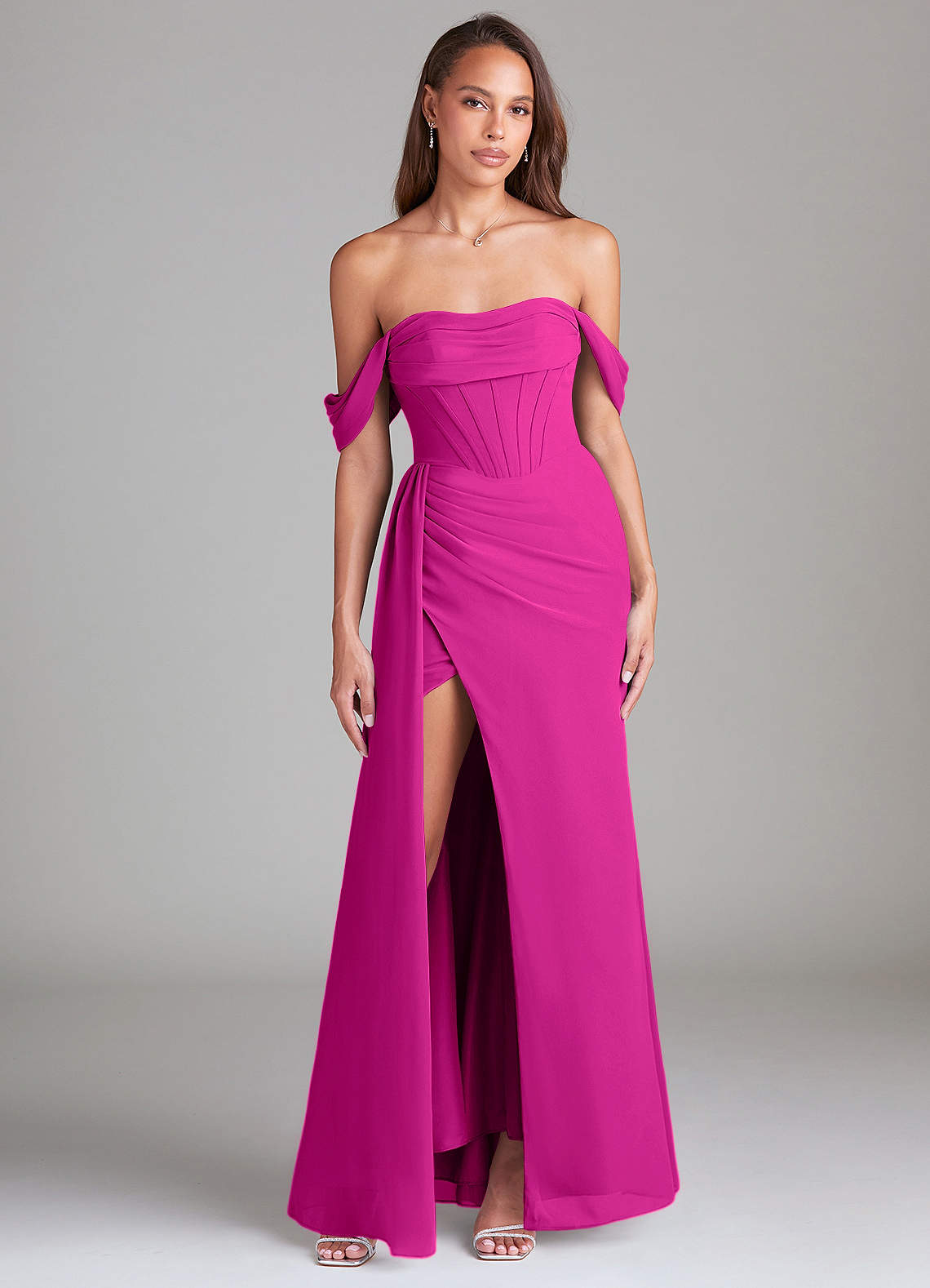 Azazie Amyra Bridesmaid Dresses Fuchsia Sheath Off the Shoulder Chiffon Convertible Dress image1