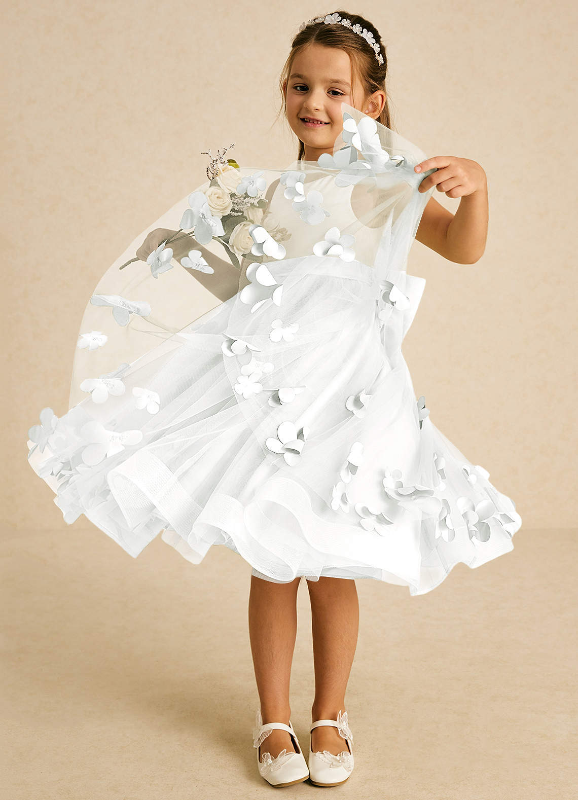 Azazie Sprout Flower Girl Dresses Ivory A-Line Bow Tulle Dress image2