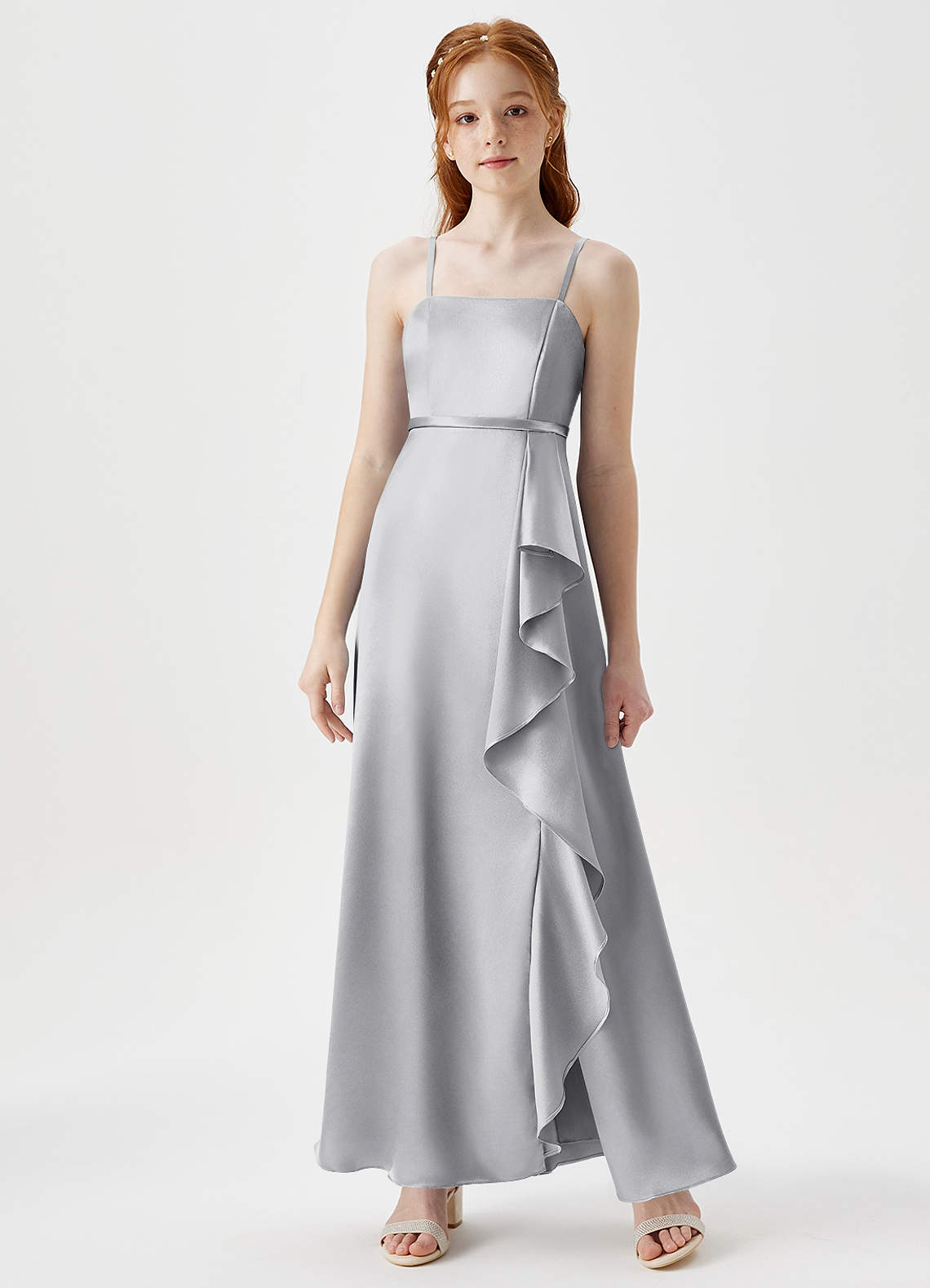 Azazie Kaylee Junior Silver A-Line with Belt Metallic Satin Dress image1