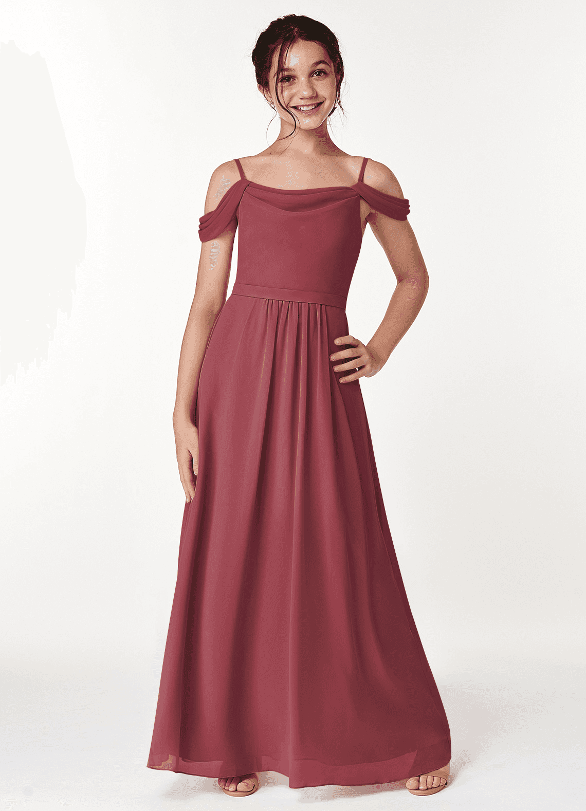 Azazie Alivia Junior A라인 오프 더 숄더 쉬폰 플로어 길이 주니어 신부 들러리 드레스 image1