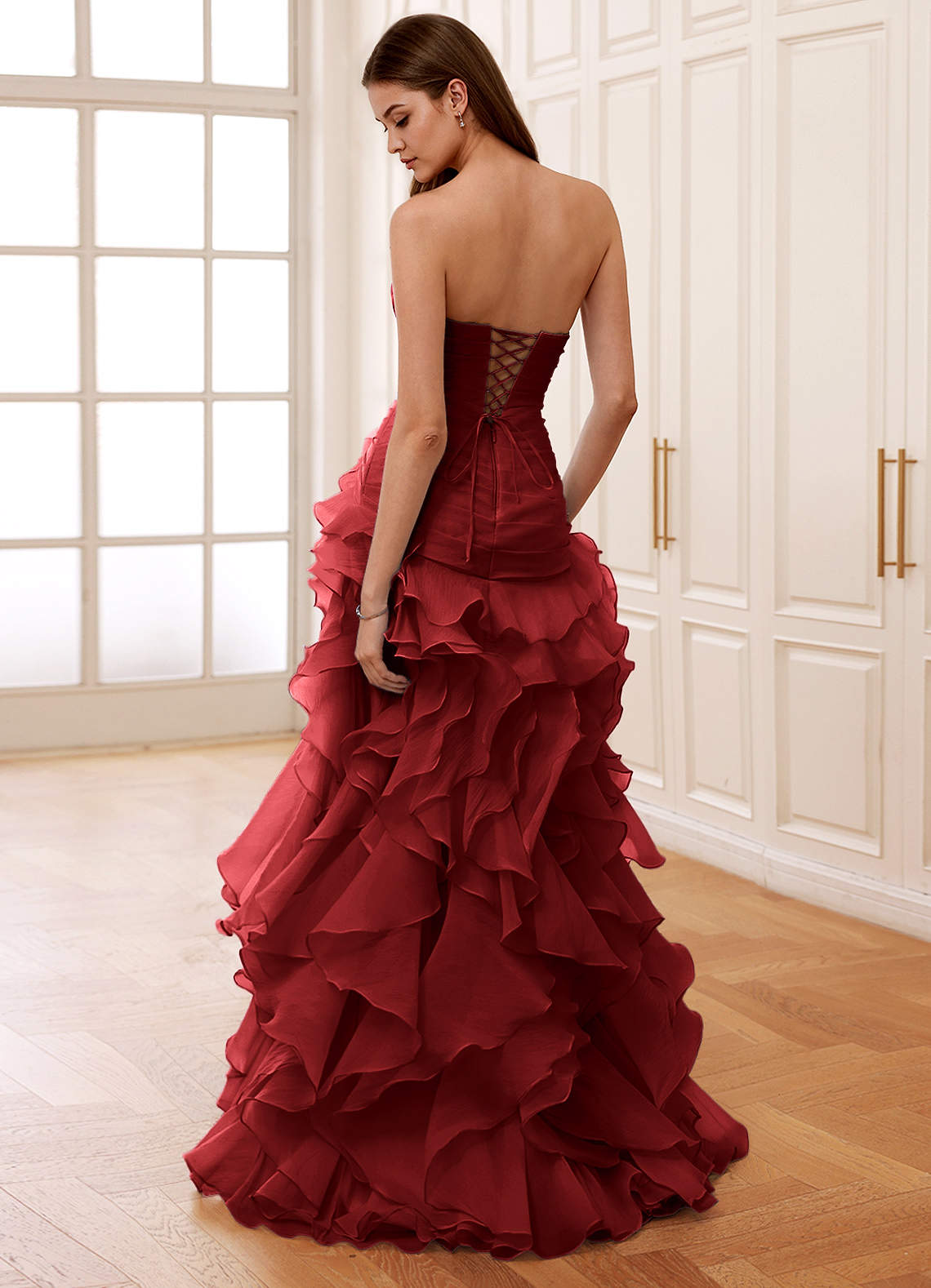 Christabelle Burgundy Corset Rhinestone Sheer Lace Prom Dress | Azazie