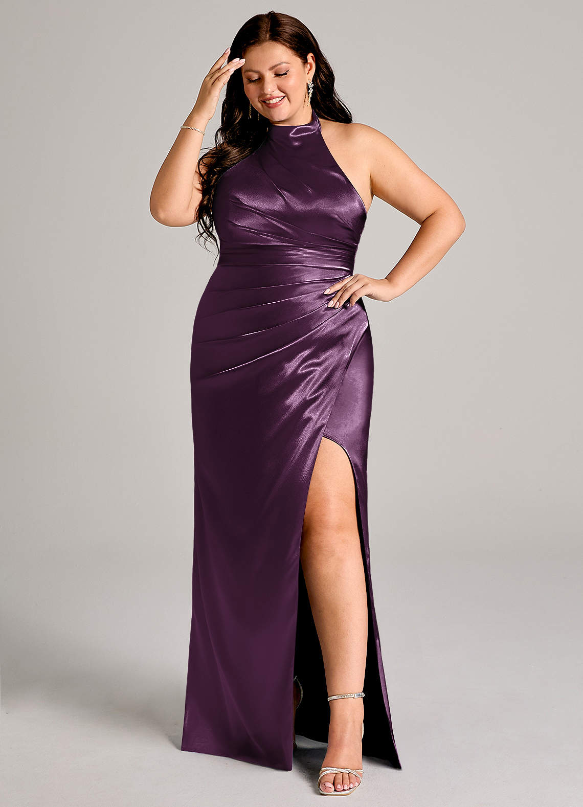 Azazie Jemma Bridesmaid Dresses Plum Sheath Pleated Metallic Satin Dress image1