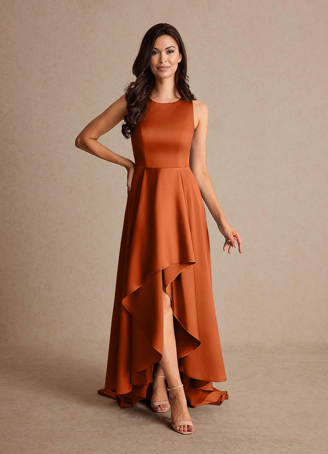 Azazie Niles Vestidos para mãe da noiva Vestido Laranja Queimada de Cetim elástico de Linha A com Trens image1