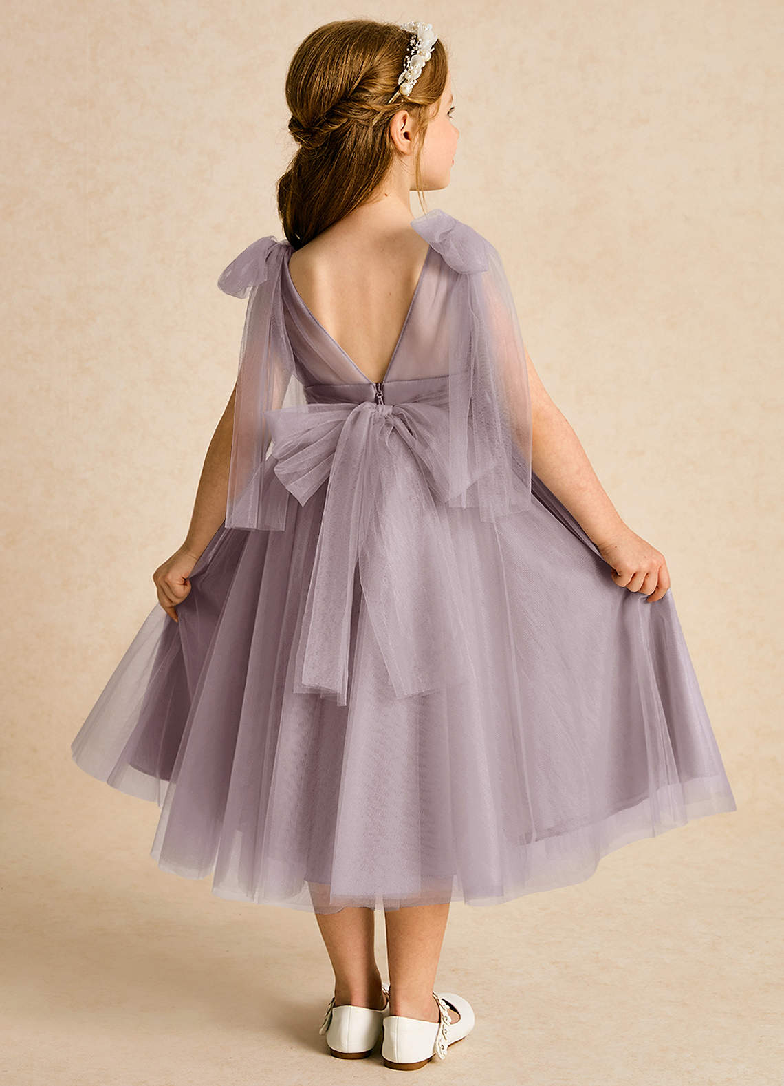 Azazie Dori Flower Girl Dresses Dusk A-Line Ruched Tulle Dress image1