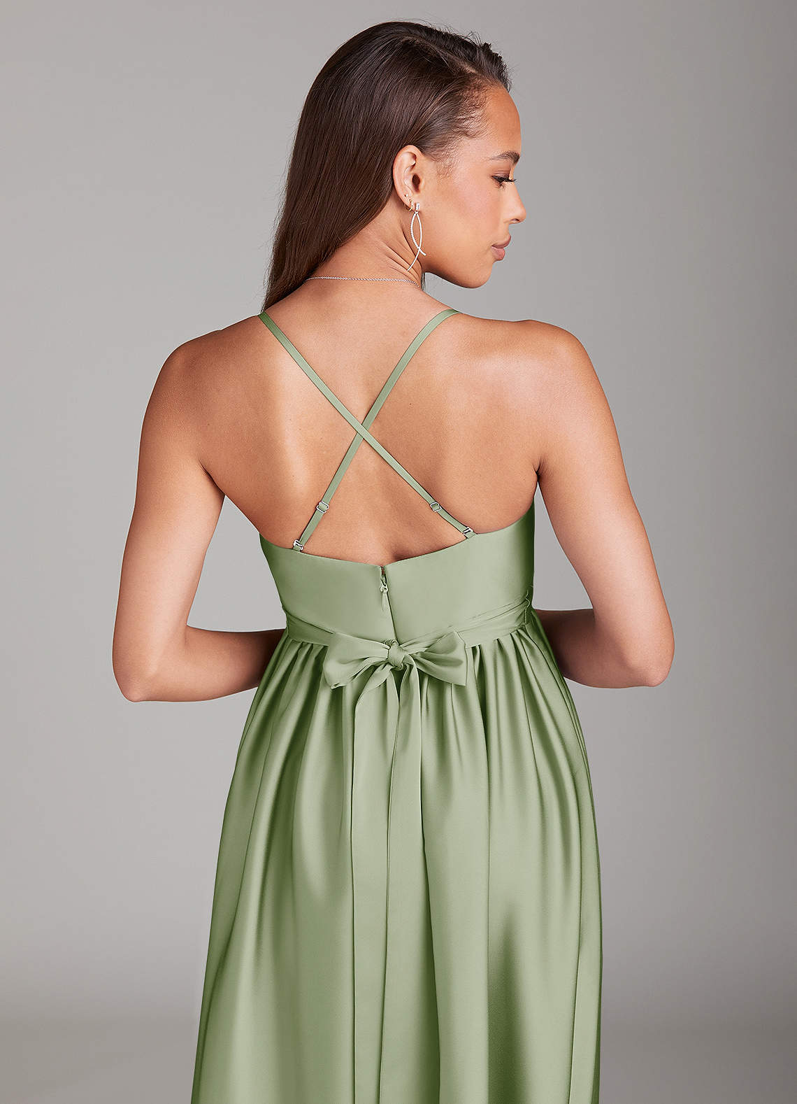 Azazie Llana Vestidos de dama de honra para maternidade Vestir Linha A com bolsos Comprimento do chão Cetim elástico image3
